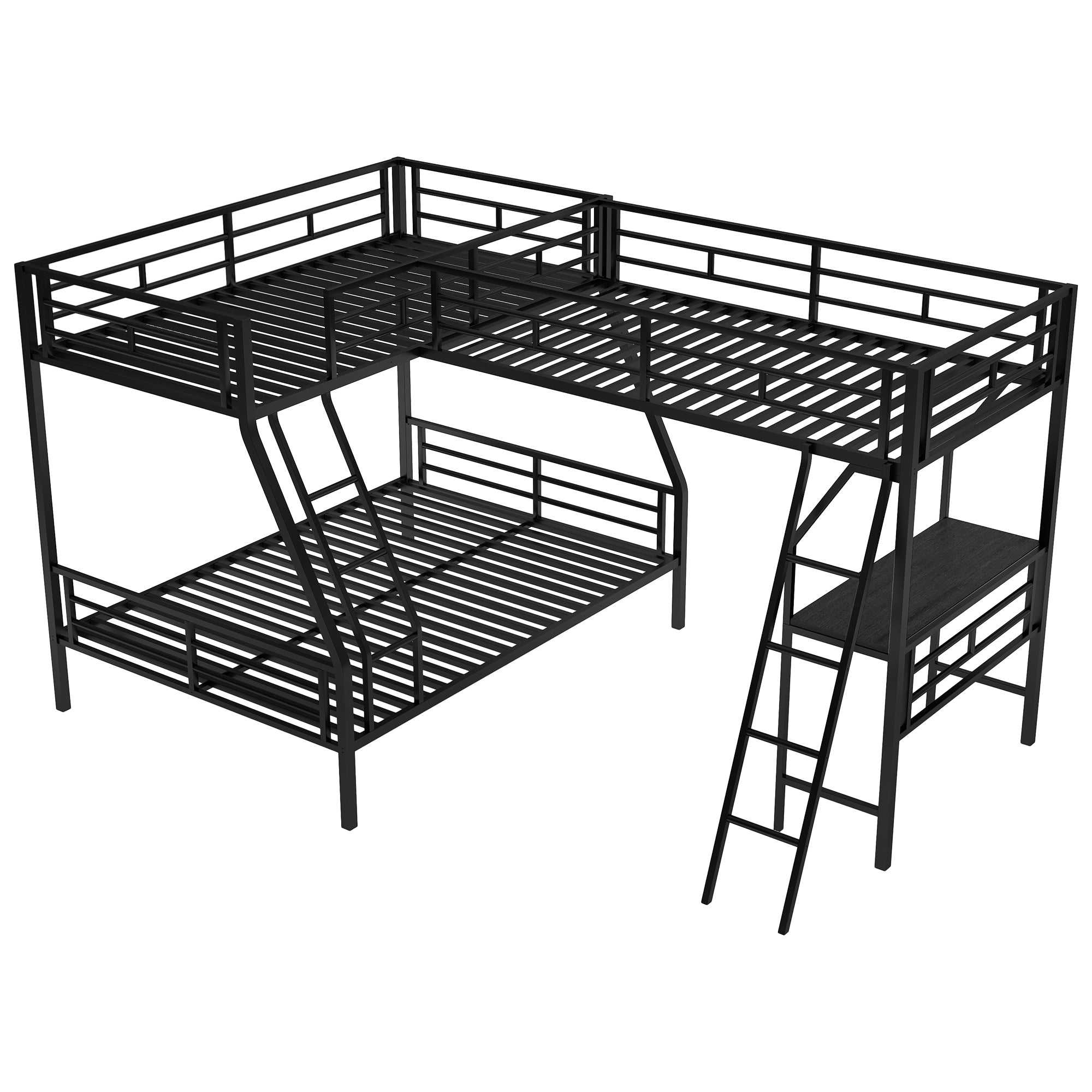 Twin over Full Bunk Bed with a Twin Size Loft Bed attached, with a Desk, Metal, Black