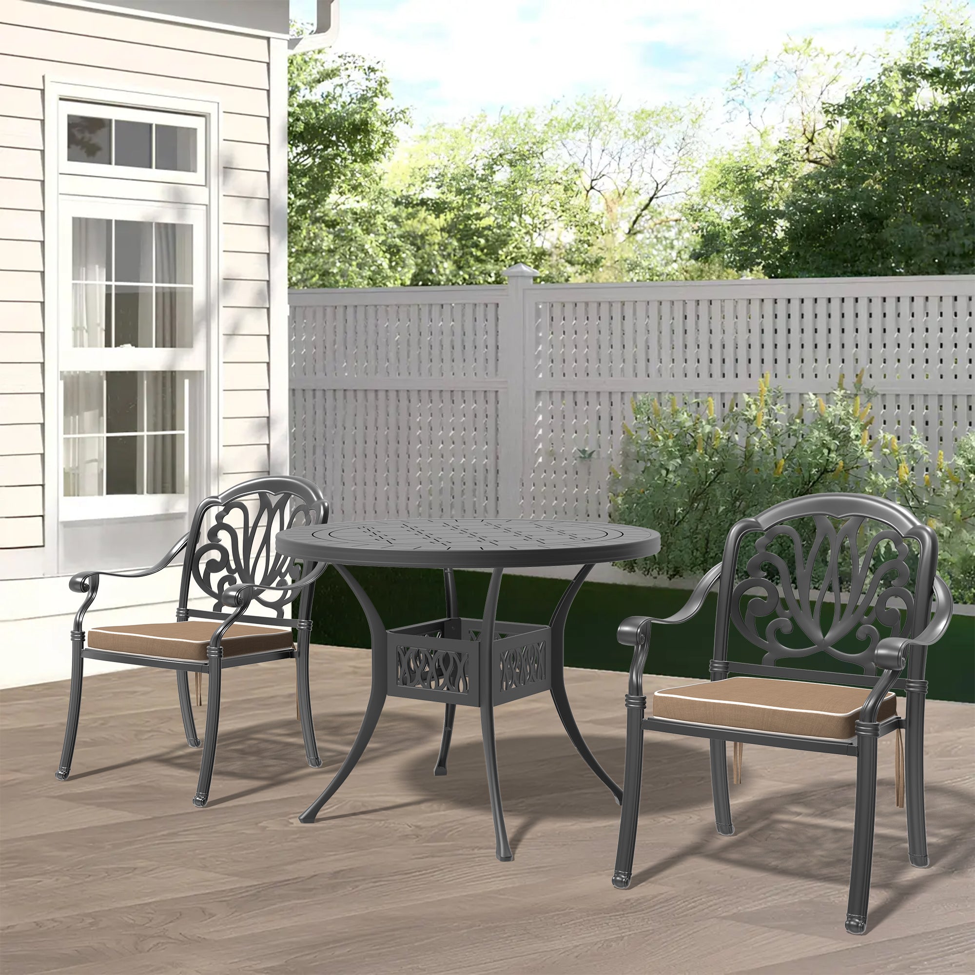 3-Piece Set Of Cast Aluminum Patio Furniture With Brown Cushions(same sku: W1710S00010)