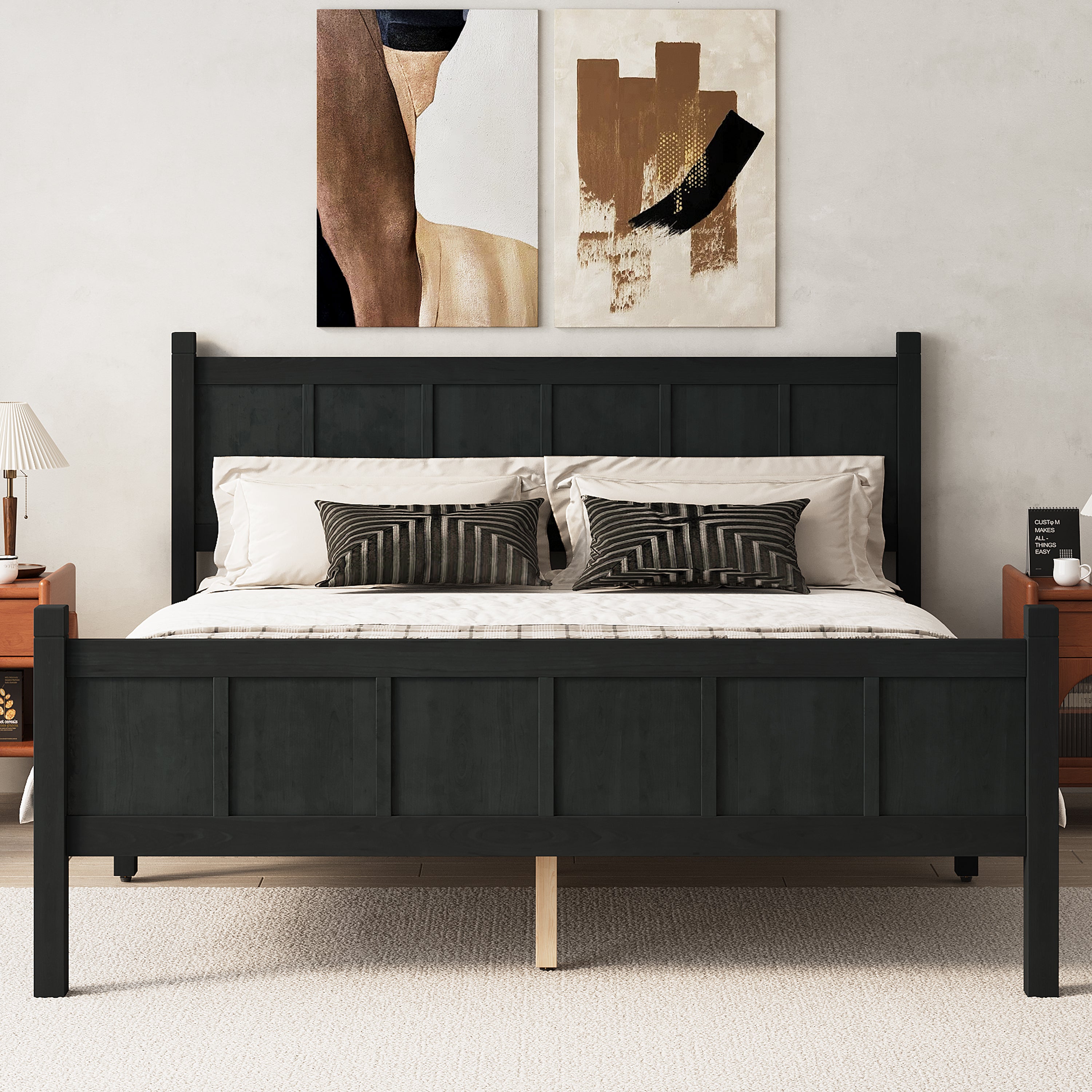 Queen Size Flat Panel Bed with Headboard & Footboard, Minimalist Modern Platform Bed with Wood Grain Finish, Shaker and Farmhouse Style Design, Sleek and Functional Bedroom Furniture,Black