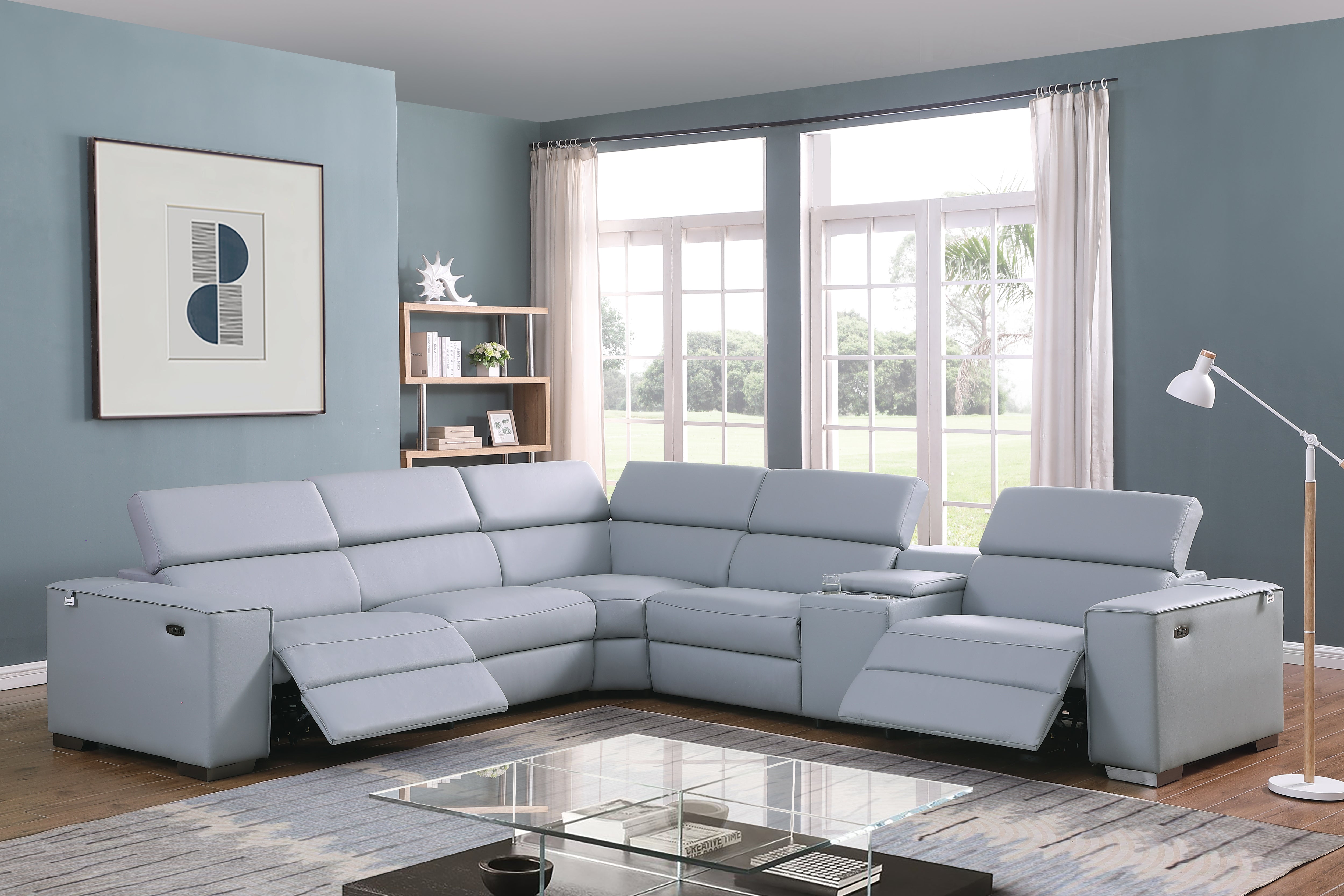 Picasso II Light Blue Italian Leather 6-Piece Power Reclining Sectional