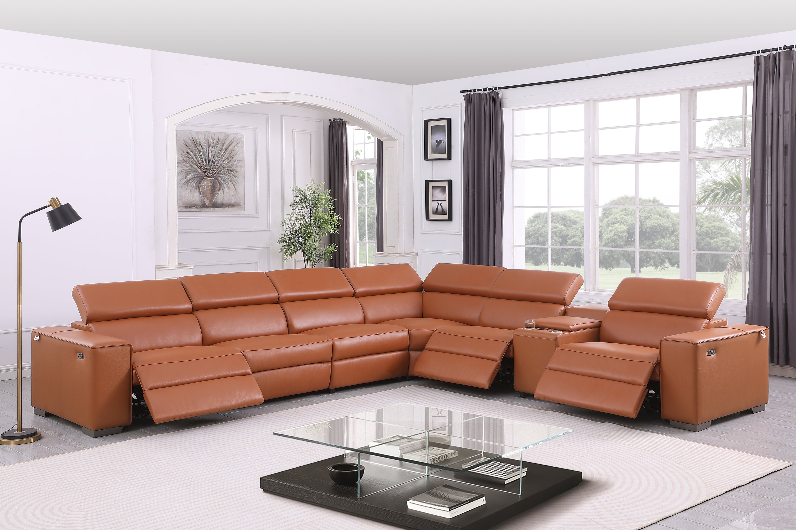 Picasso II Caramel Italian Leather 7-Piece Power Reclining Sectional
