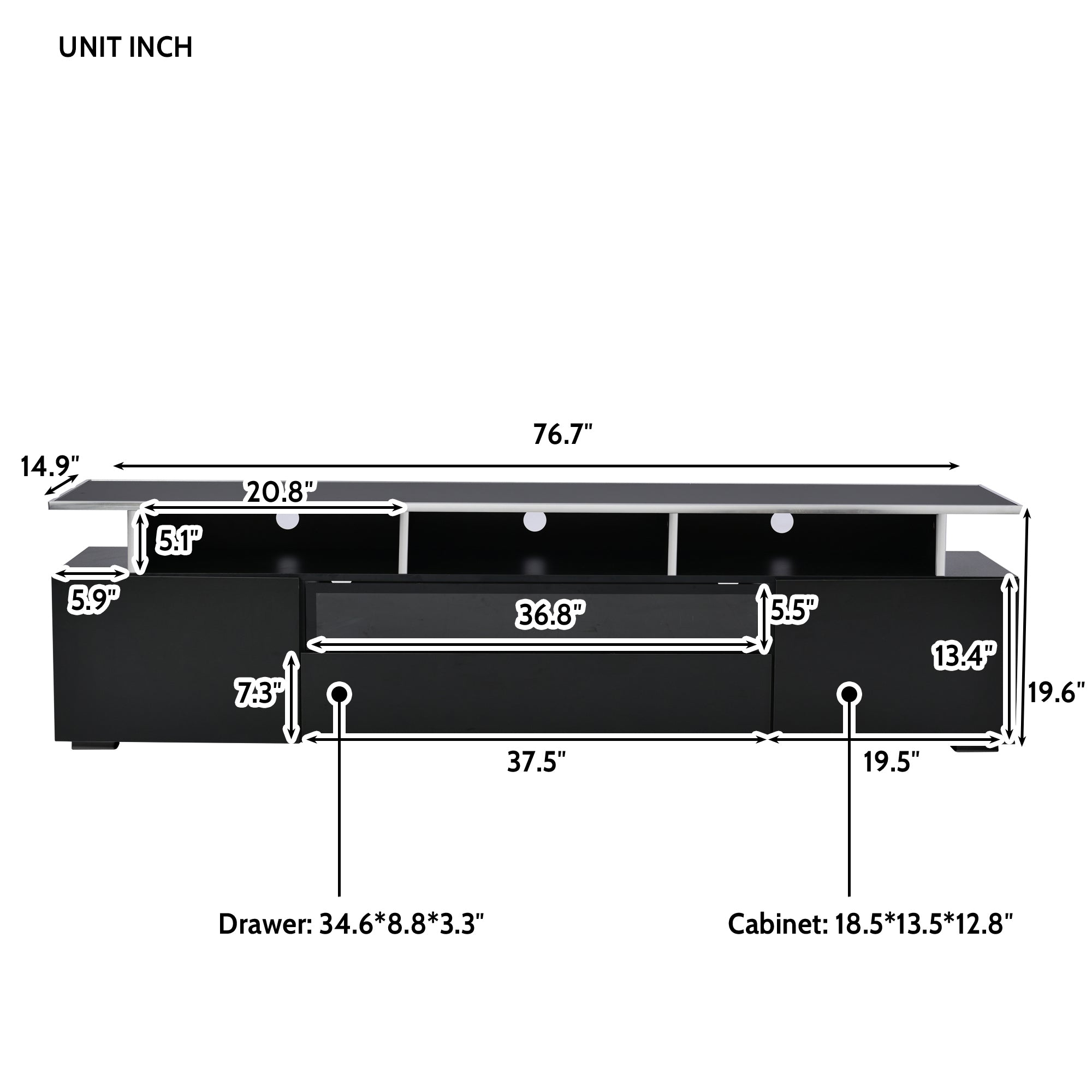 ON-TREND Modern TV Stand with Push to Open Doors, UV High-Gloss Entertainment Center with Acrylic Board for TVs Up to 80", Stylish TV Cabinet with LED Color Changing Lights for Living Room, Black