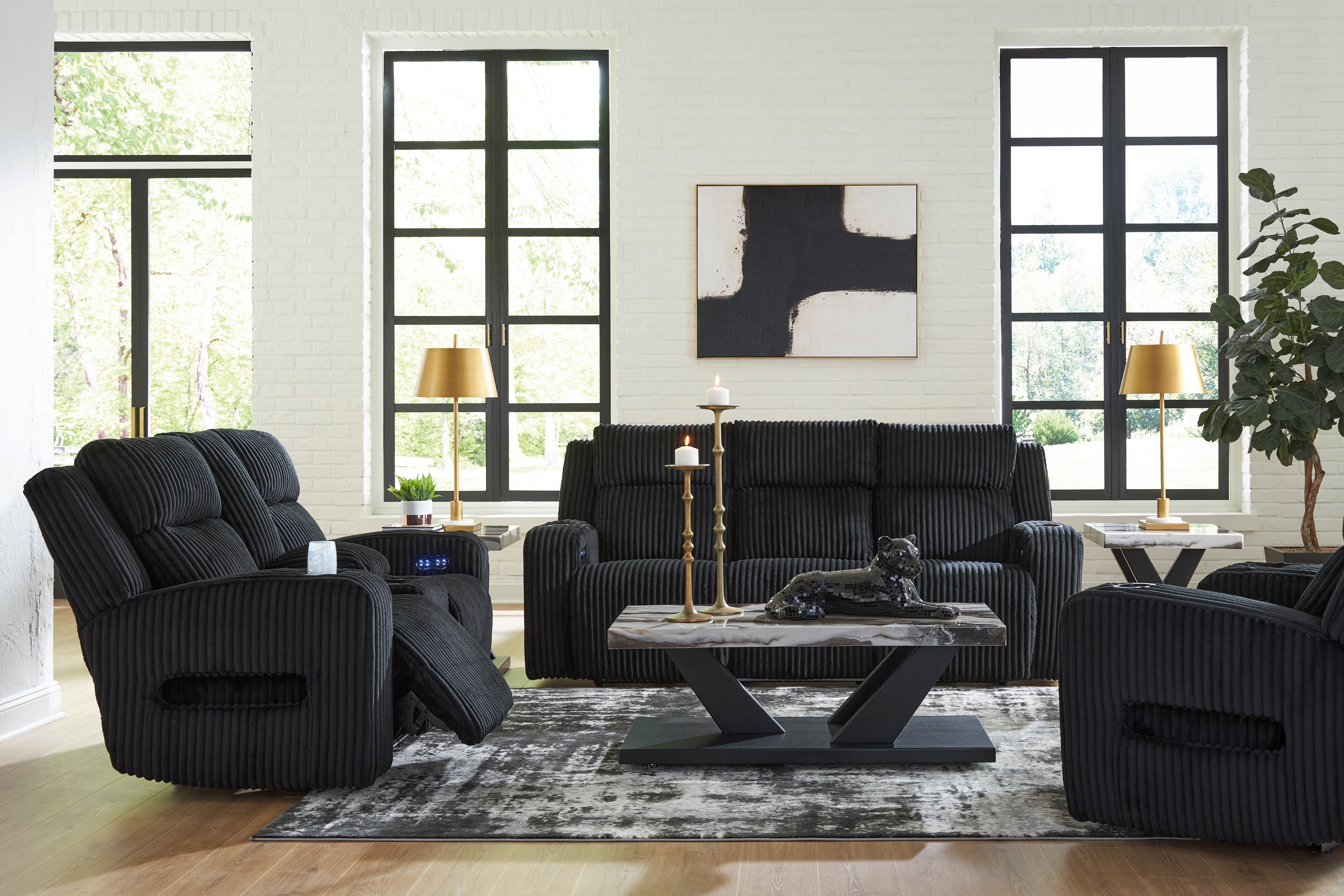 Ashley Forest Lake Black Corduroy Power Reclining Set with LED Lights