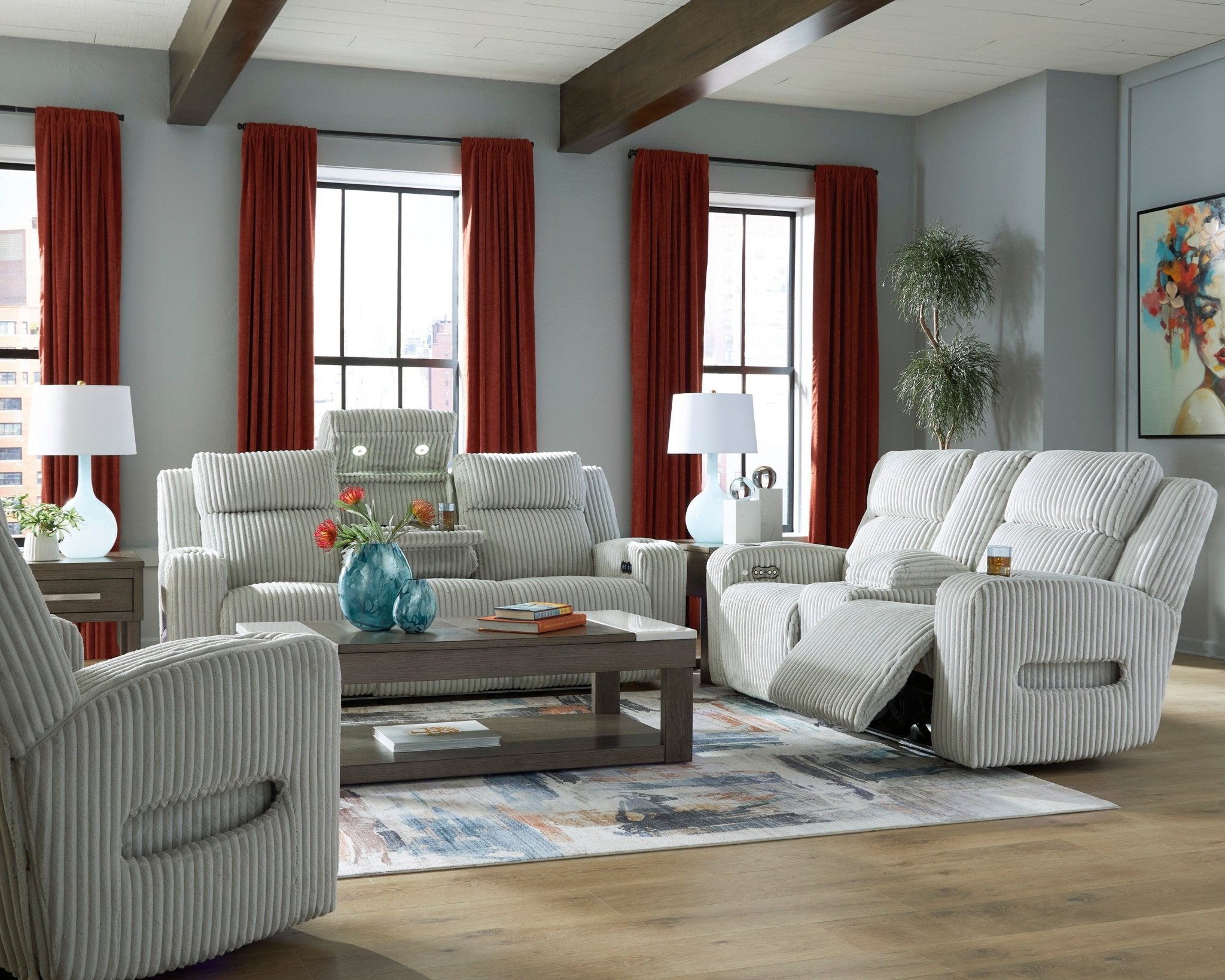 Ashley Forest Light Gray Corduroy Power Reclining Set with LED Lights