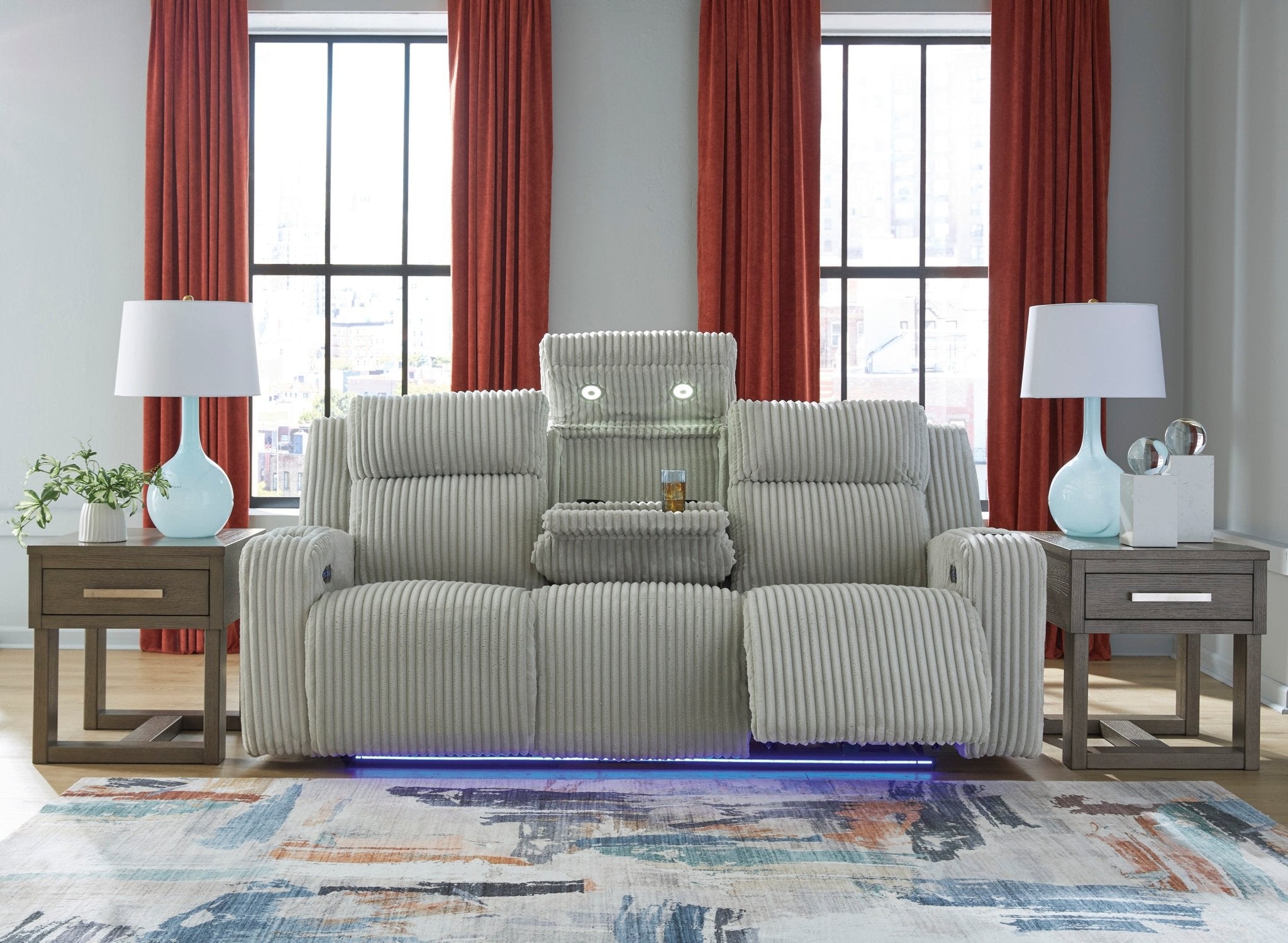 Ashley Forest Light Gray Corduroy Power Reclining Set with LED Lights, view 4