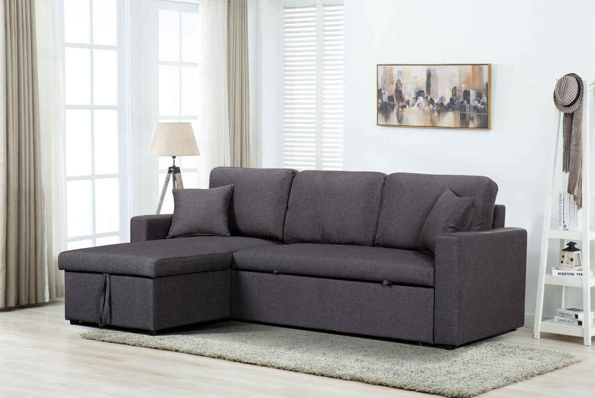 Paisley 82' Dark Gray Linen Fabric Reversible Sleeper Sectional Sofa with Storage Chaise