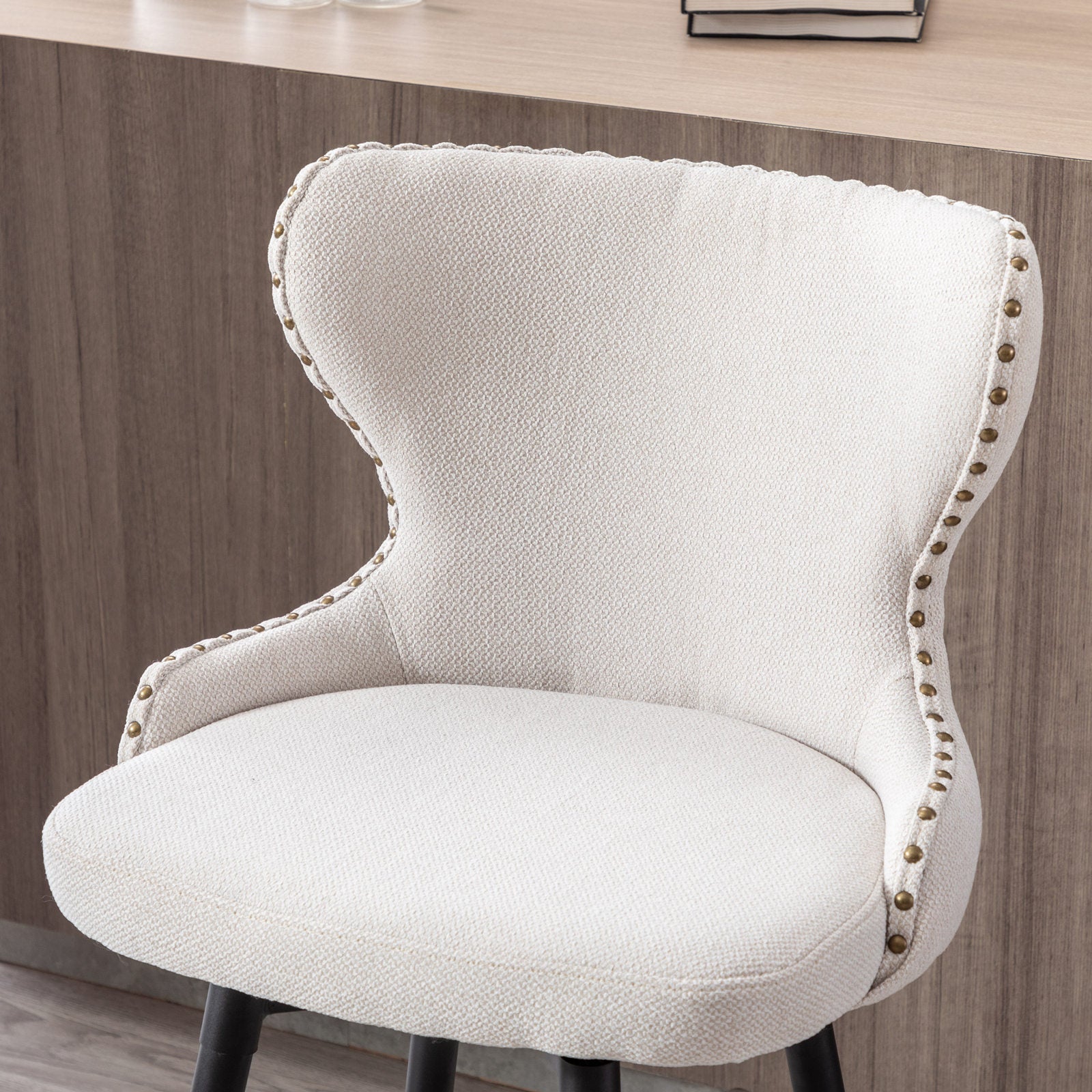 A&A Furniture,Counter Height 25" Modern Linen Fabric bar chairs,180° Swivel Bar Stool Chair for Kitchen,Tufted Cupreous Nailhead Trim Burlap Bar Stools with Metal Legs,Set of 2 (Beige)