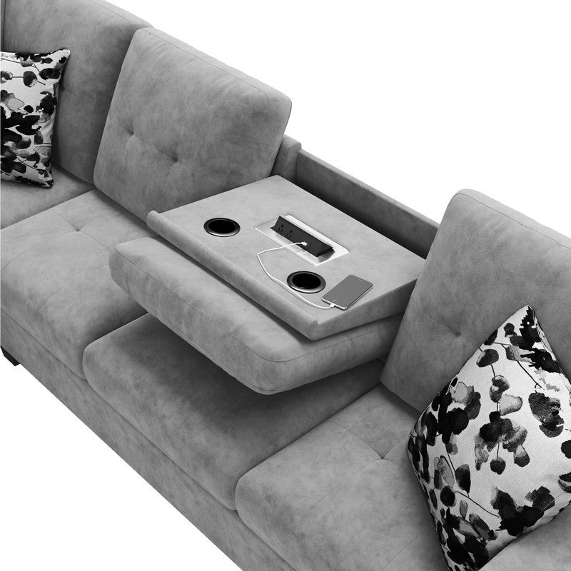 Remi Light Gray Velvet Reversible Sectional Sofa with Dropdown Table, Charging Ports, Cupholders, Storage Ottoman, and Pillows