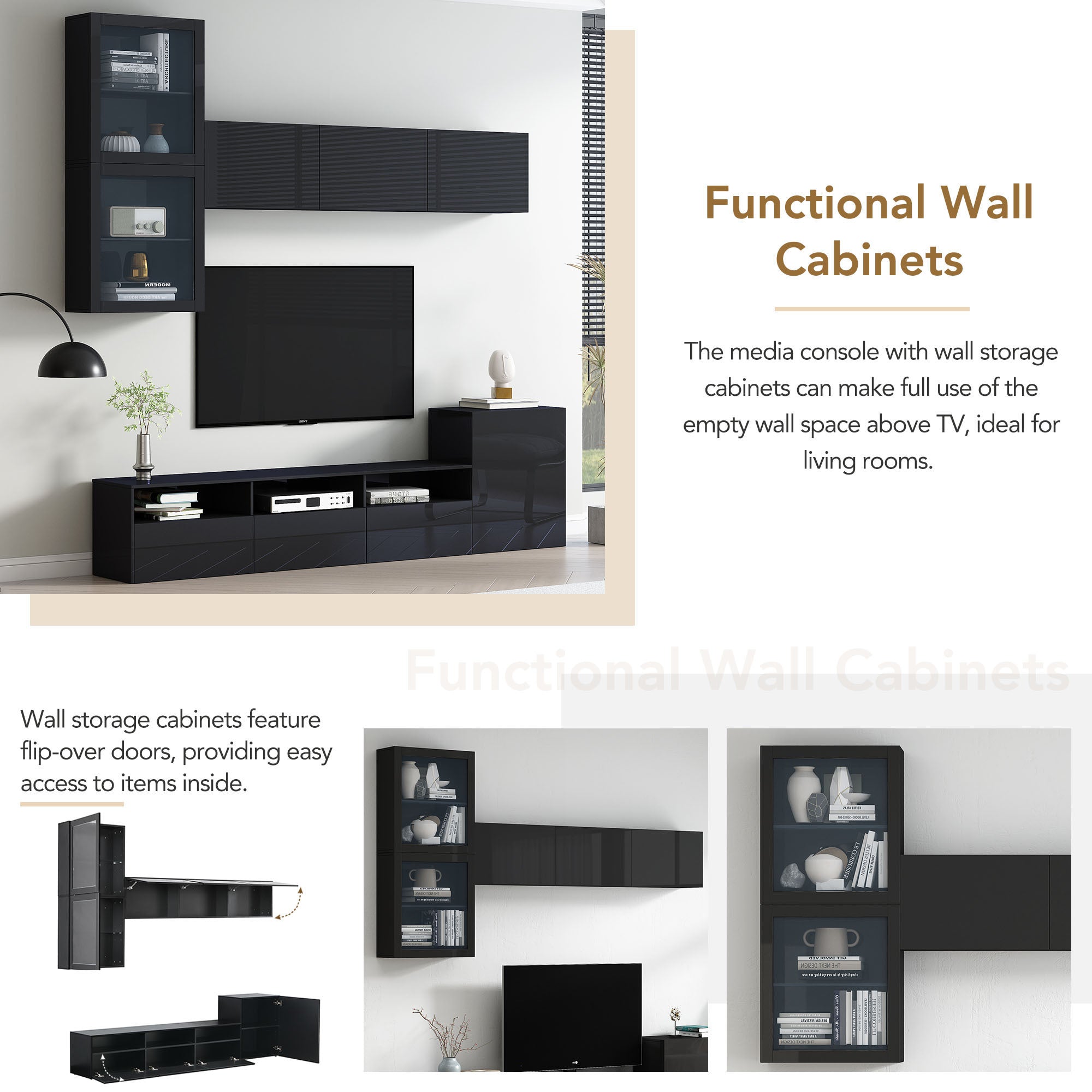 ON-TREND High Gloss TV Stand with Ample Storage Space, Media Console for TVs Up to 78", Versatile Entertainment Center with Wall Mounted Floating Storage Cabinets for Living Room, Black