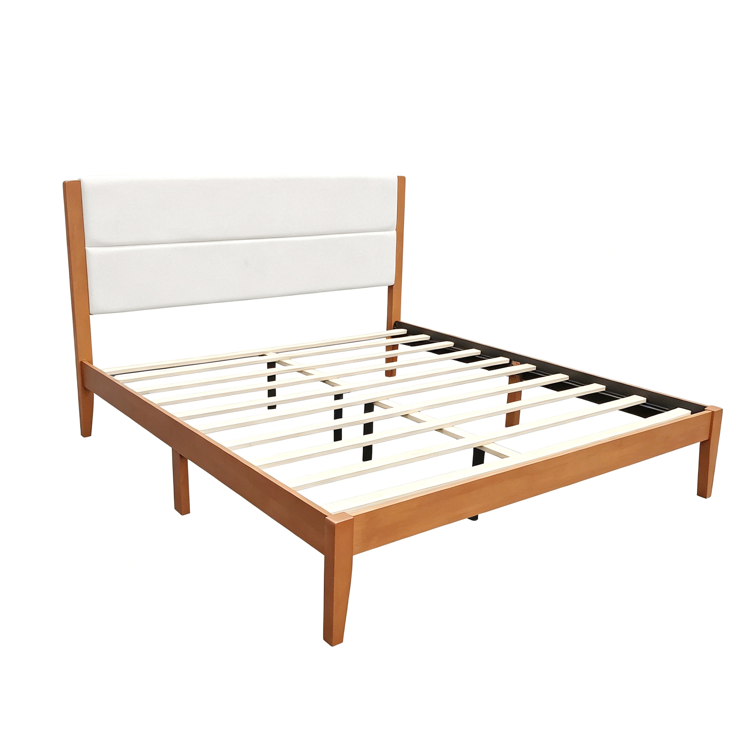 Mid-Century Modern Platform Bed Frame with Upholstered Headboard, Solid Wood Slat Support, No Box Spring Needed, Easy Assembly, King Size, Brown