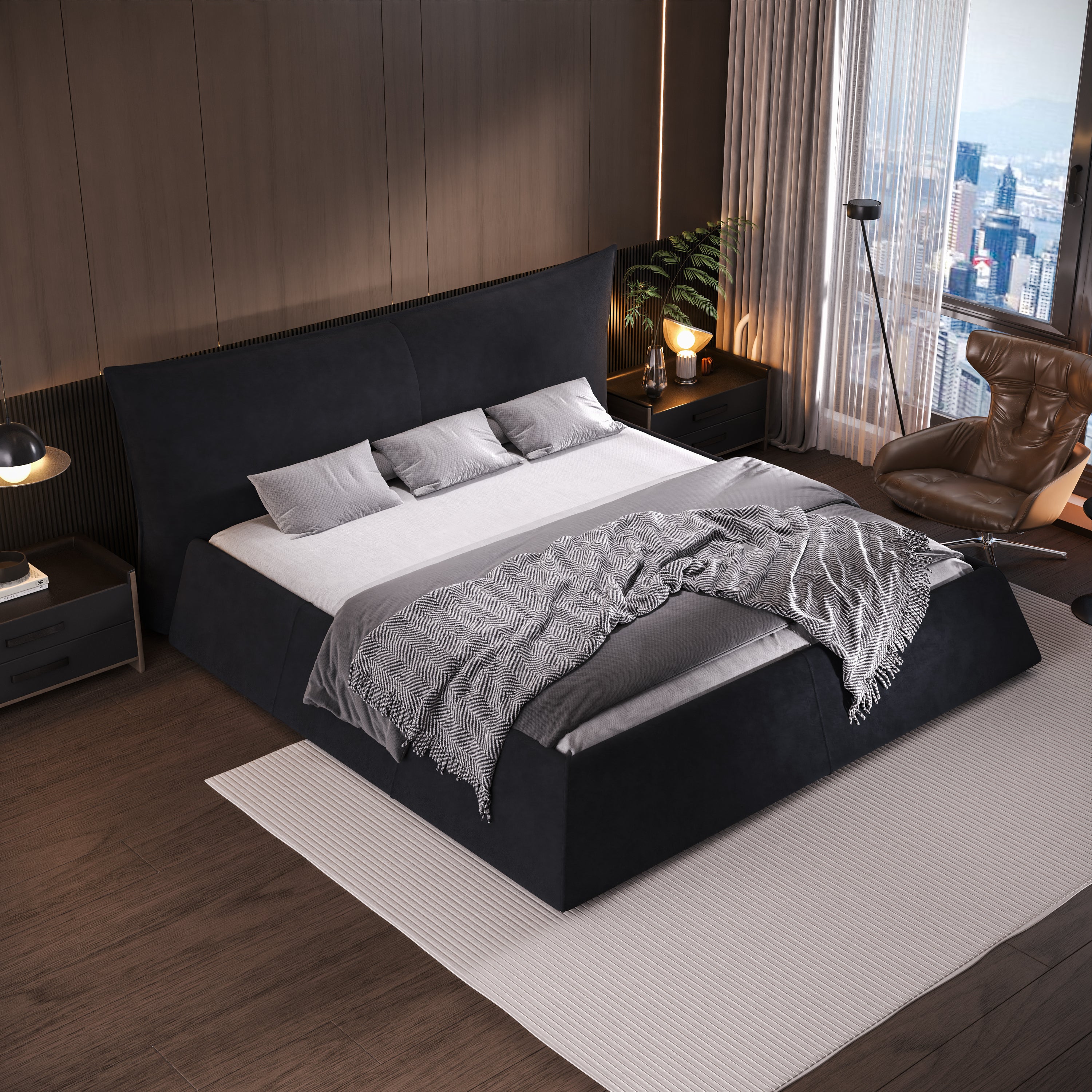 King Size Upholstered Platform Bed with Special Shaped Velvet  Headboard, Metal & Solid Wood Frame,Black