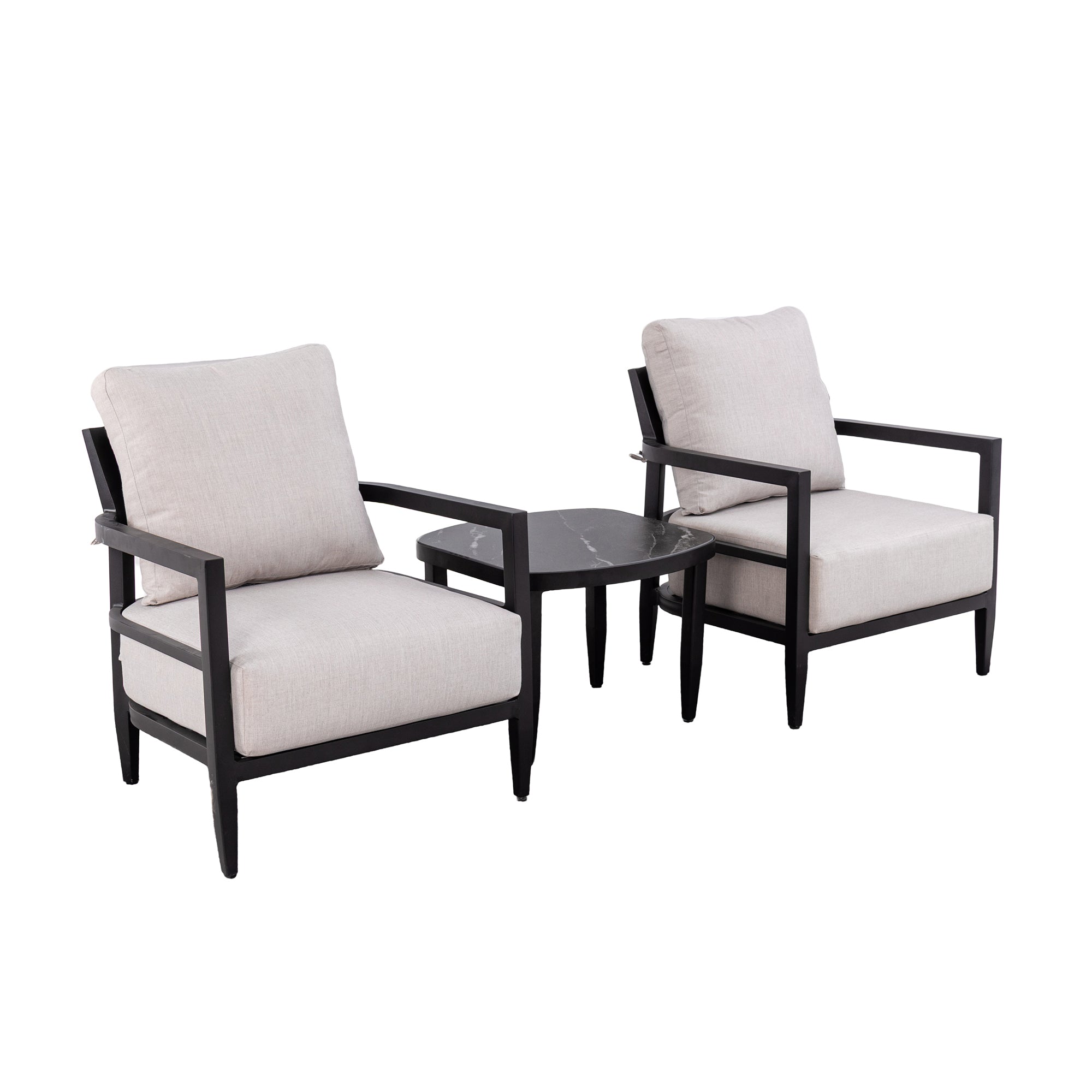 Modern 3PC Outdoor Aluminum Patio Furniture Set with Sunbrella Cushions and Black Marble-Inspired Sintered Stone Side Table, Ember Black