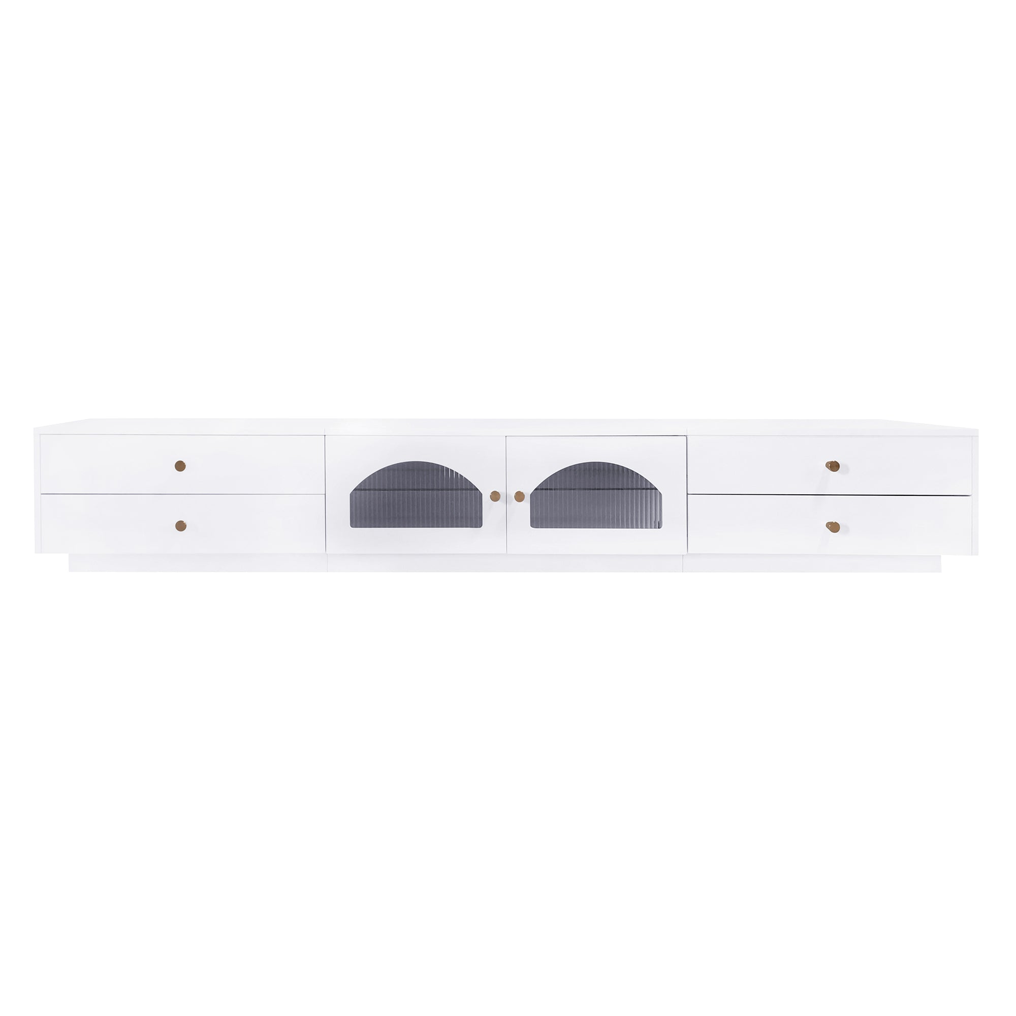 ON-TREND Luxurious TV Stand with Fluted Glass Doors, Elegant and Functional Media Console for TVs Up to 95'', Tempered Glass Shelf TV Cabinet with Multiple Storage Options, White