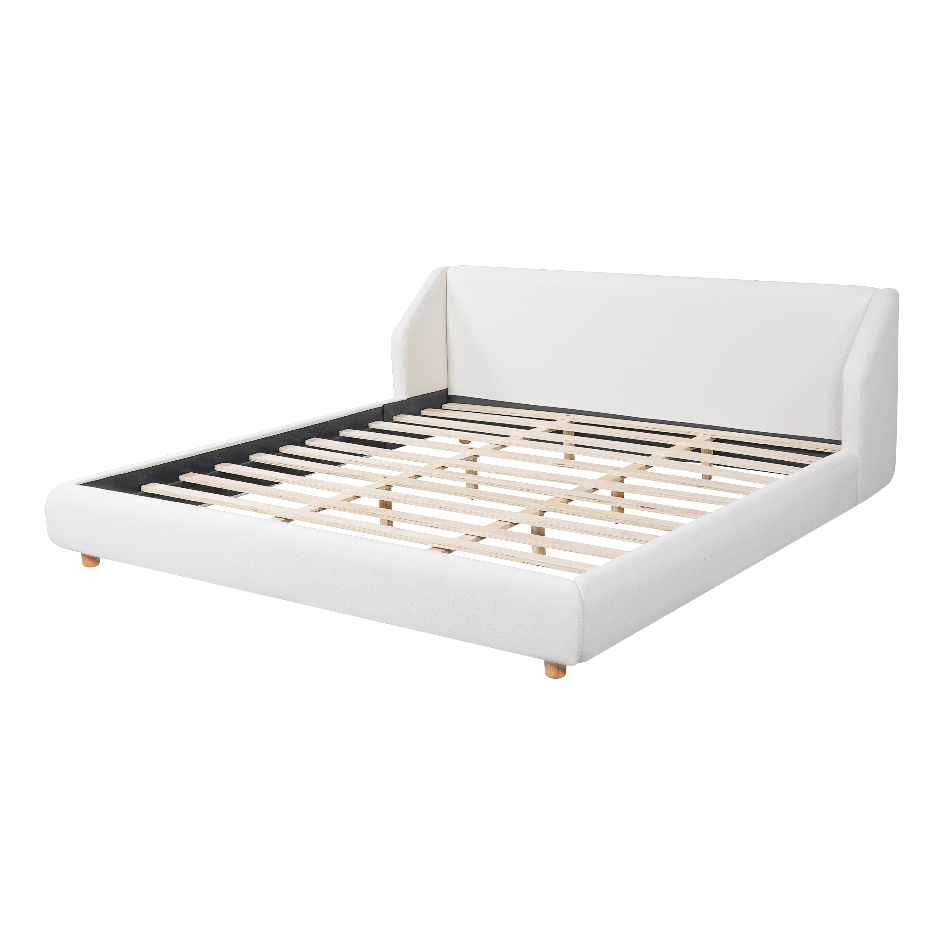 Modern White Bouclé King Size Upholstered Bed Frame with Wingback Headboard, Wood Legs, No Box Spring Needed, Easy Assembly