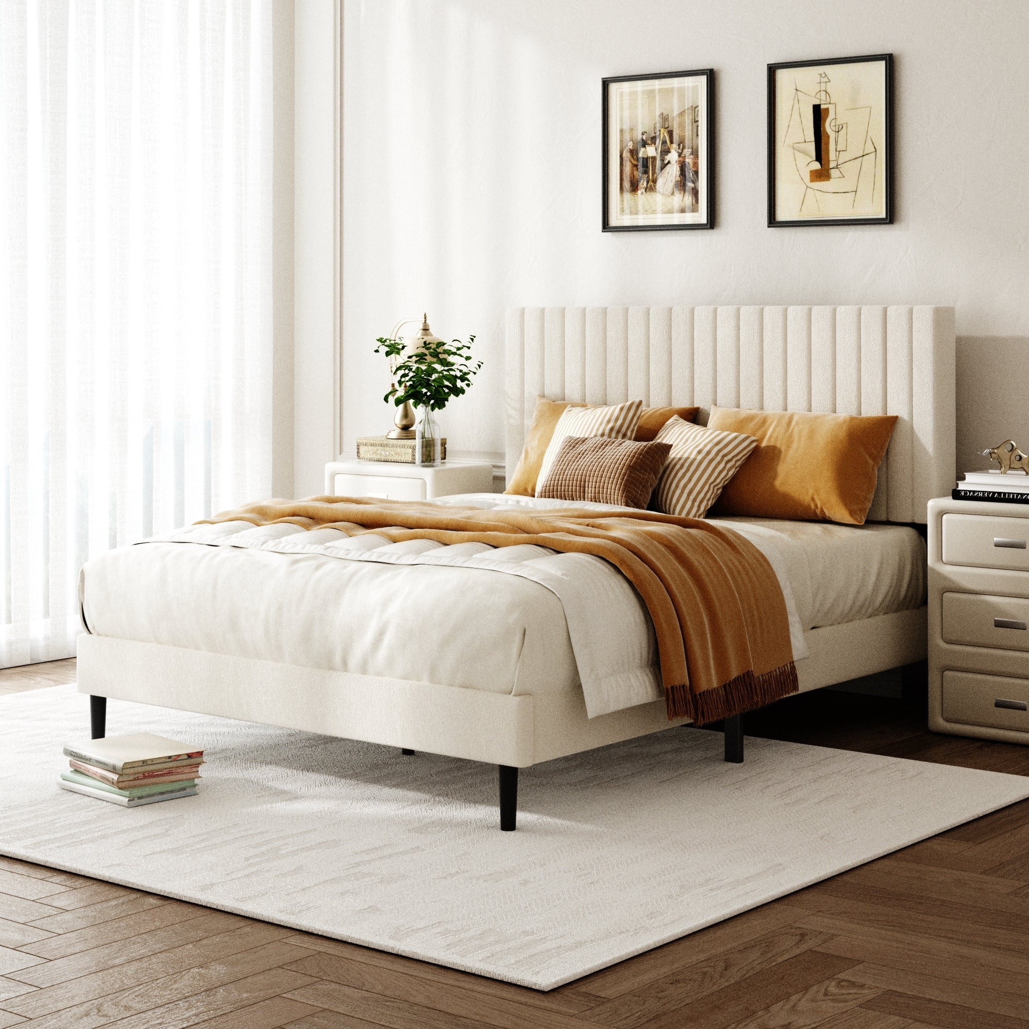 Queen Size Bed frame, Velvet Upholstered Platform Bed with Height-Adjustable Headboard, Sturdy Frame and Alats, Quiet Design, No-Spring Mattress Compatible, Easy to Assemble, Beige