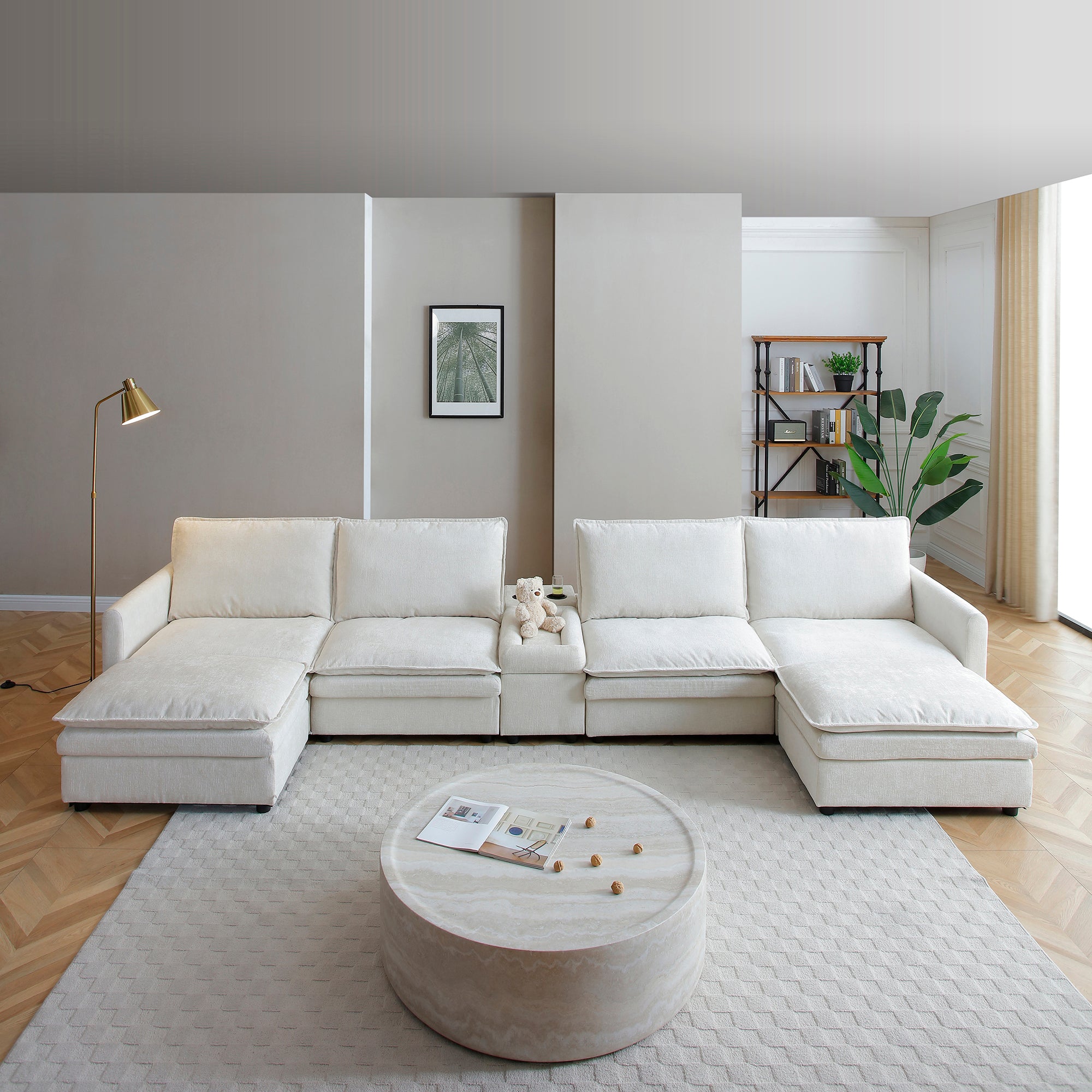 140' U Shaped Couch, Modular Sectional Sofa, 6-Seater Comfy Cloud Couch with Movable Ottoman, Deep Seat and adjustable sofa back . Couches for Living Room, Chenille,  White
