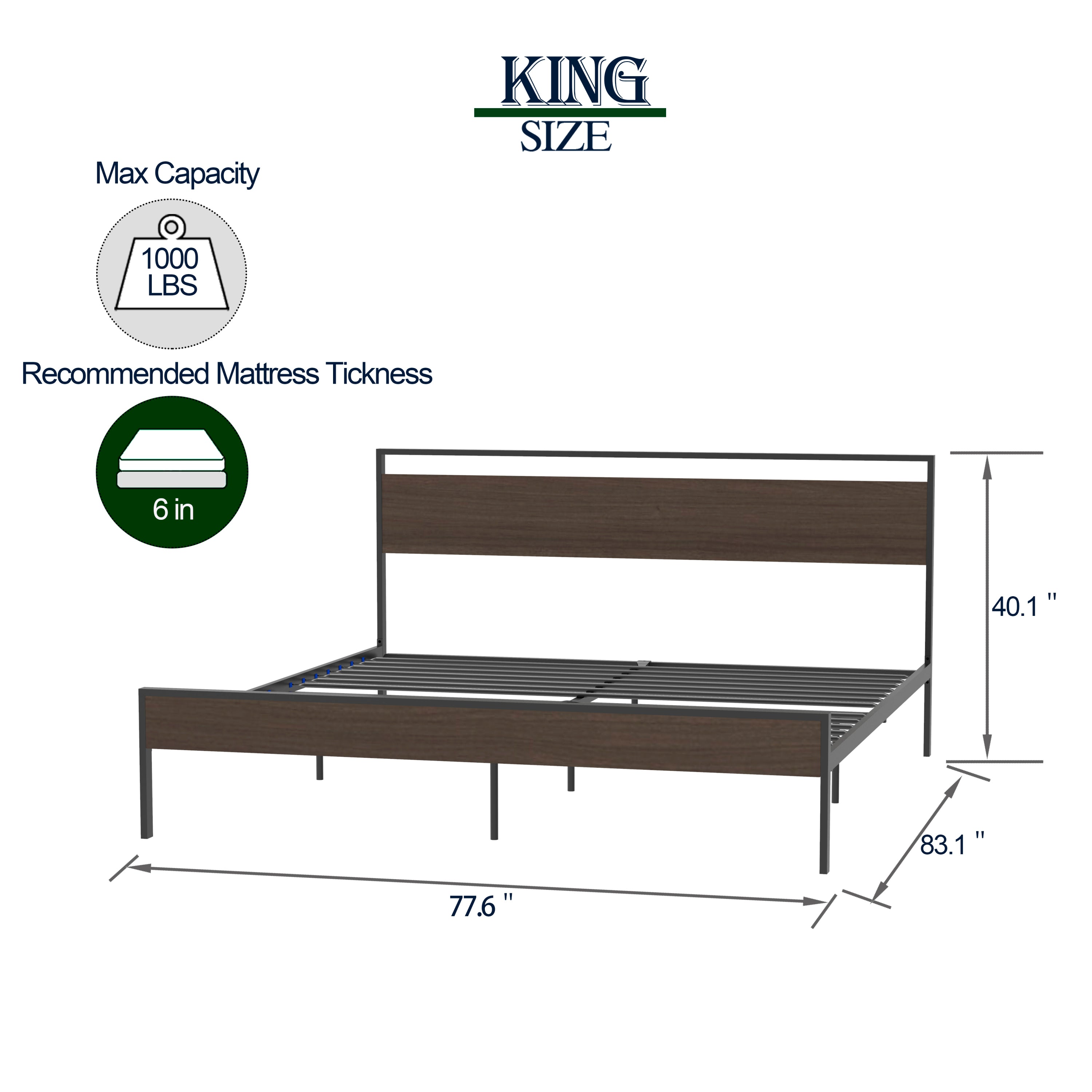 Ceres Metal Bed, Black with Walnut wood Headboard&Footboard, King