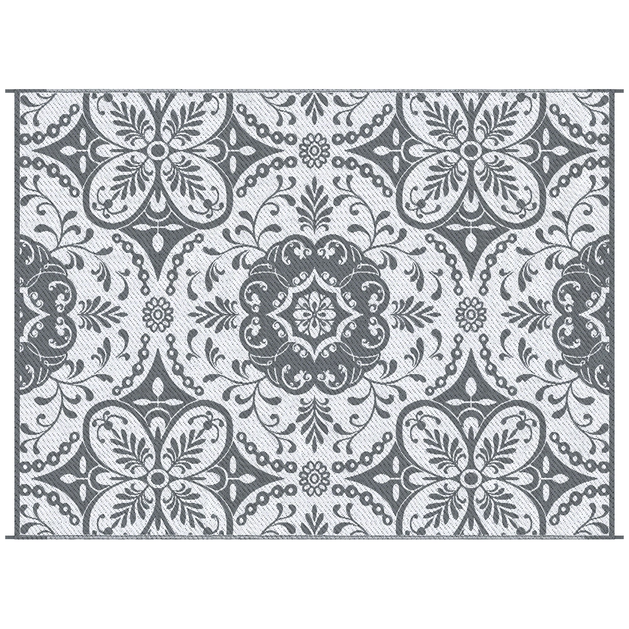 Outsunny Reversible Outdoor Rug Carpet, 9' x 12' Waterproof Plastic Straw Rug, Portable RV Camping Rugs with Carry Bag, Large Floor Mat for Backyard, Deck, Picnic, Beach, Gray & White Floral