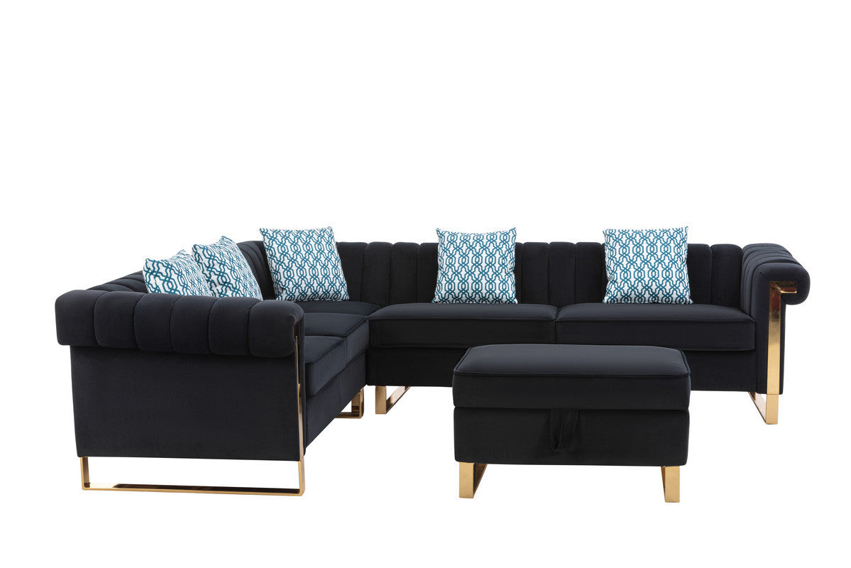 Maddie Black Velvet 6-Seater Sectional Sofa with Storage Ottoman