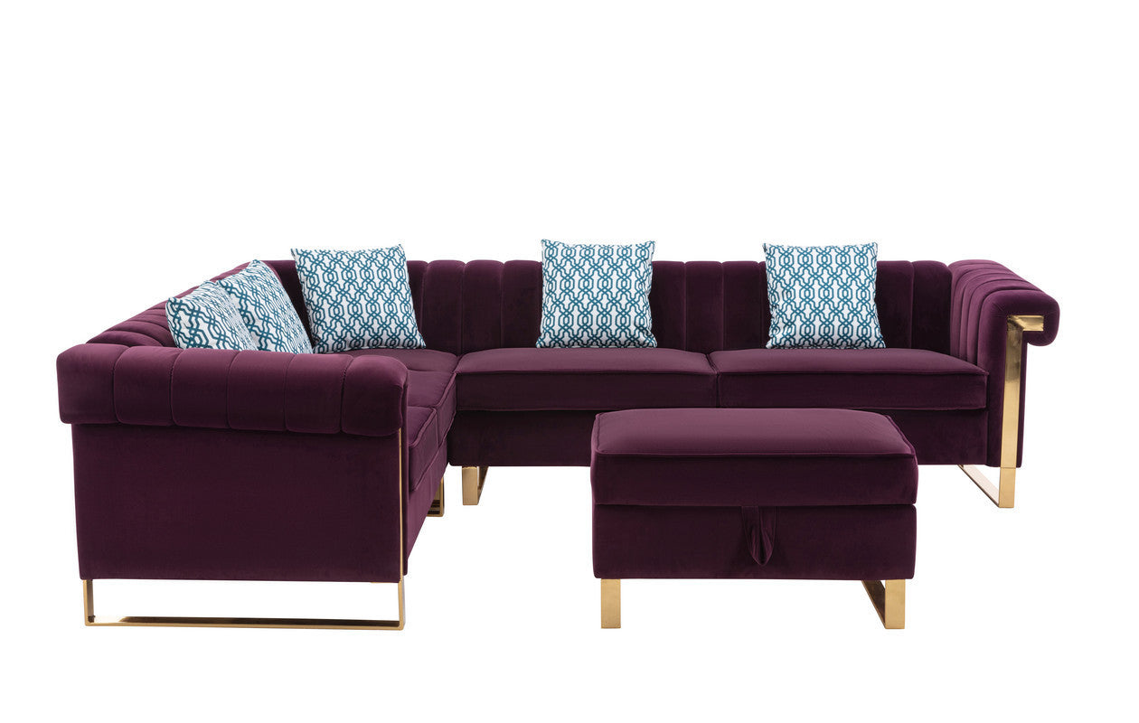 Maddie Purple Velvet 6-Seater Sectional Sofa with Storage Ottoman