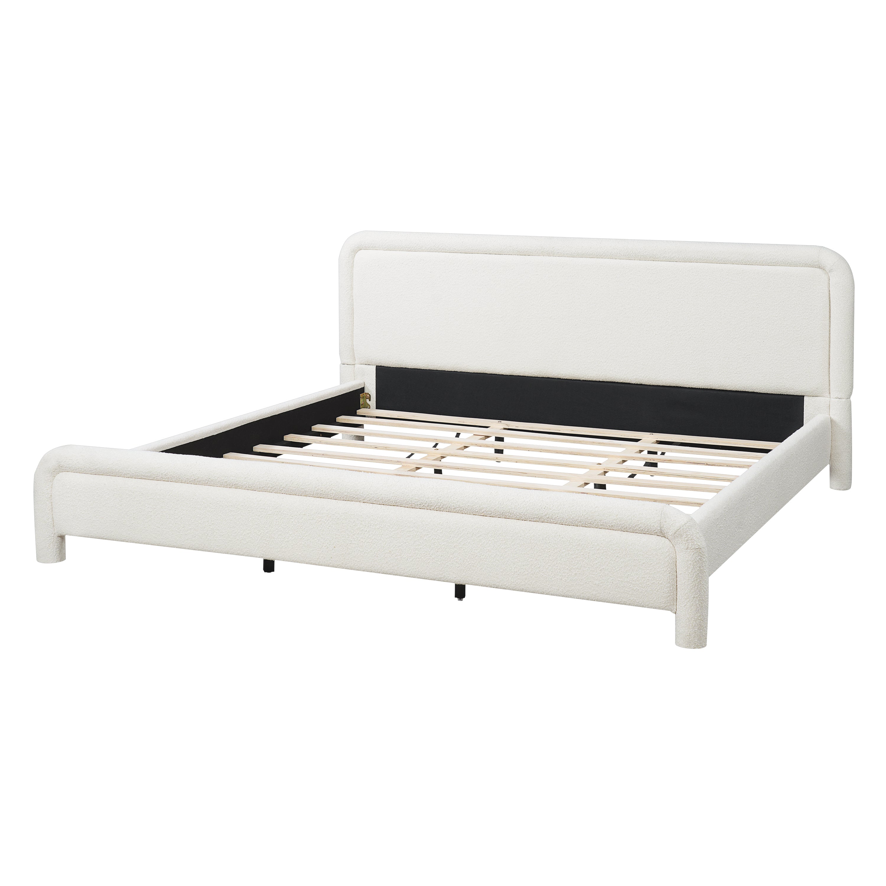 Modern White Boucle Upholstered King Size Platform Bed Frame with Curved Headboard, Wood Slats Support, No Box Spring Needed, Easy Assembly