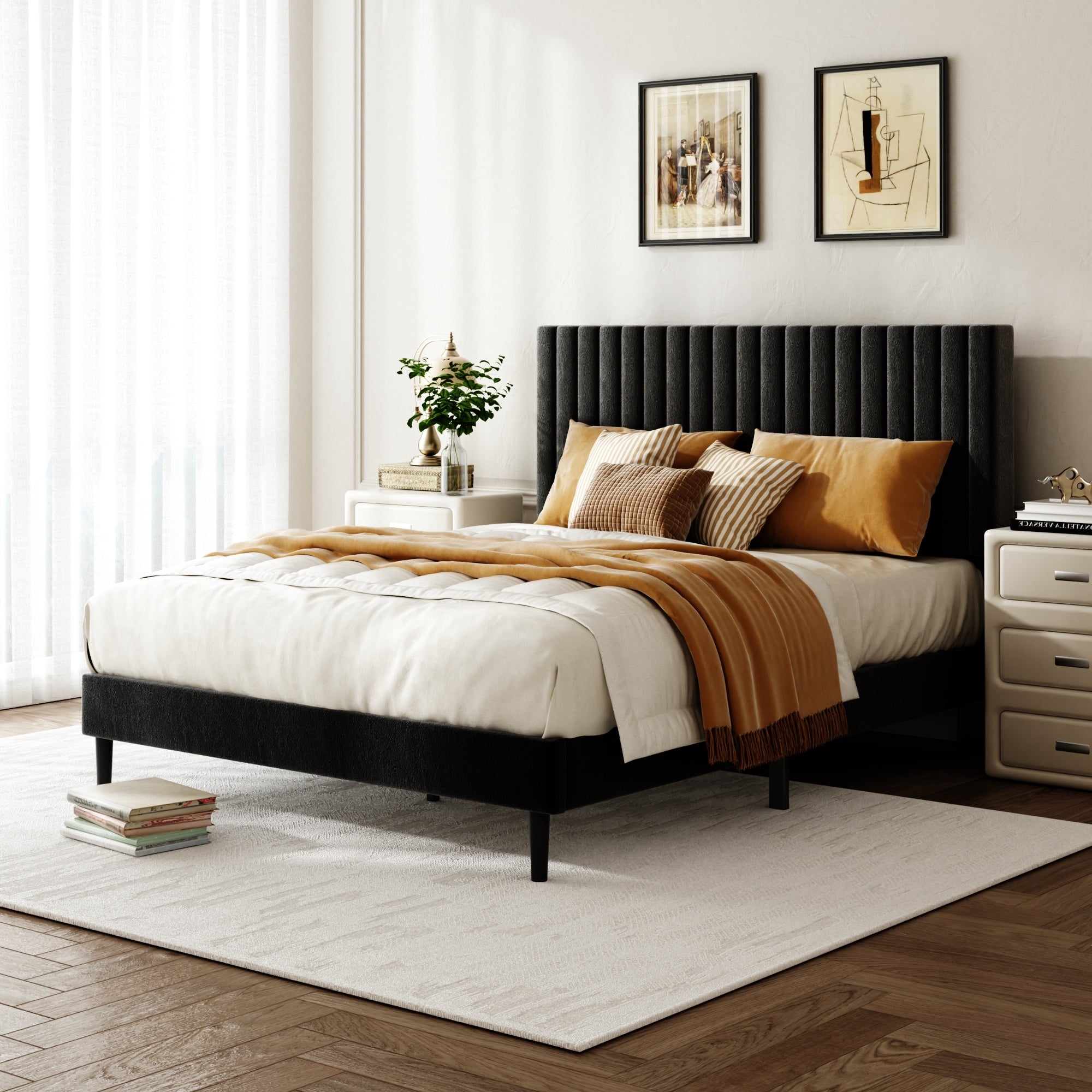 Queen Size Bed frame, Velvet Upholstered Platform Bed with Height-Adjustable Headboard, Sturdy Frame and Alats, Quiet Design, No-Spring Mattress Compatible, Easy to Assemble, Black