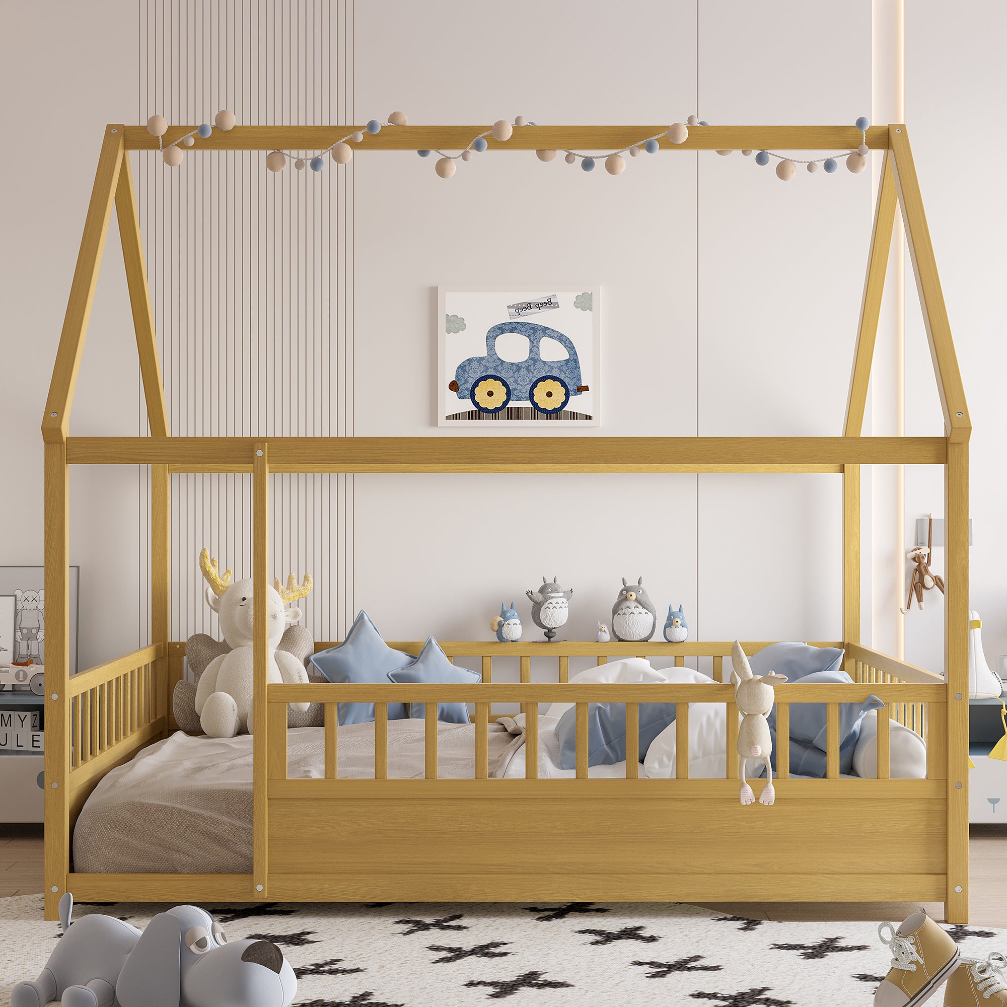 Full Size Floor Wooden Bed with House Roof Frame, Fence Guardrails(Full,Natural)