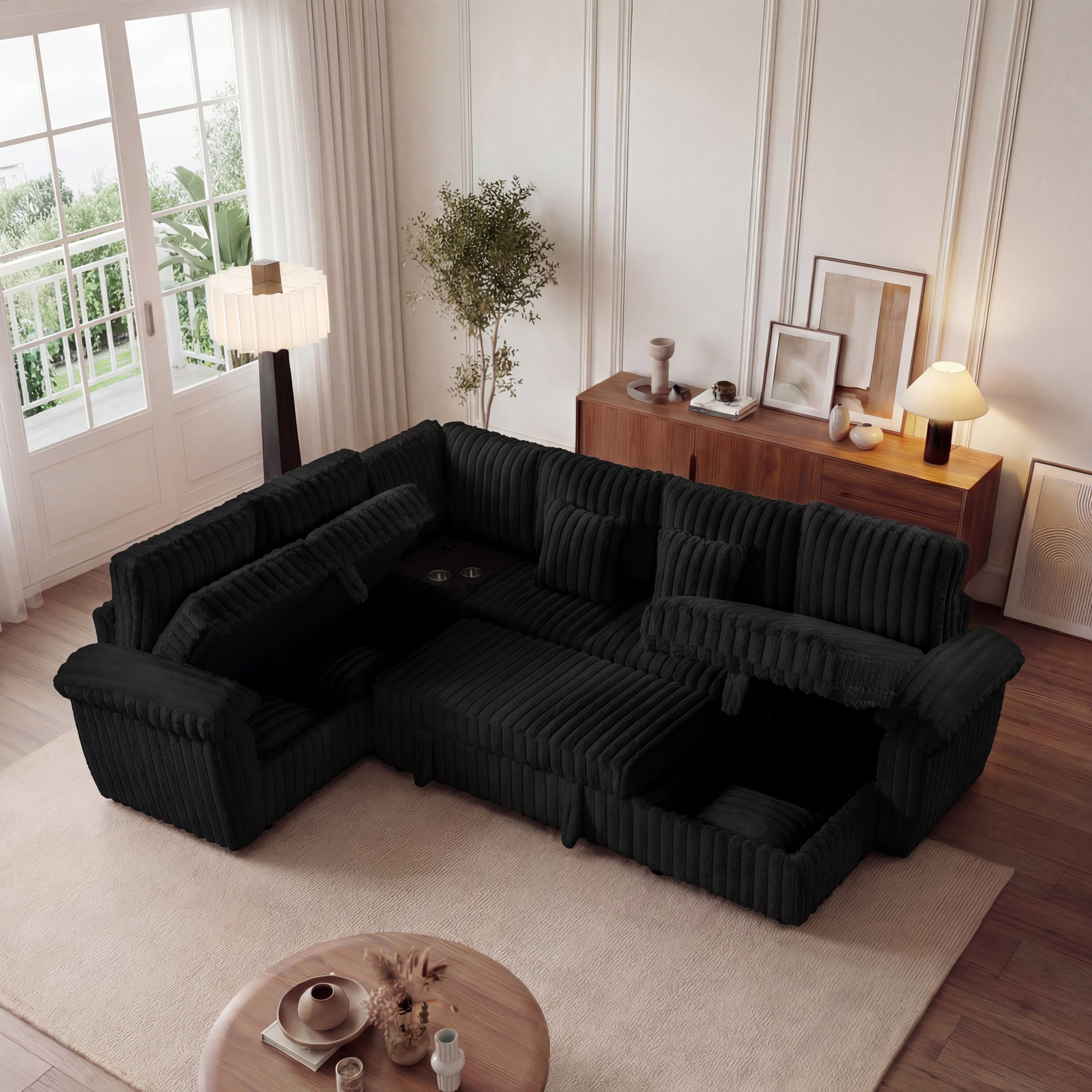 110-inch U-shaped corduroy super soft sectional sofa with storage and pull-out bed, corner coffee table with cup holder and USB port; suitable for living room, comfortable corduroy sectional sofa