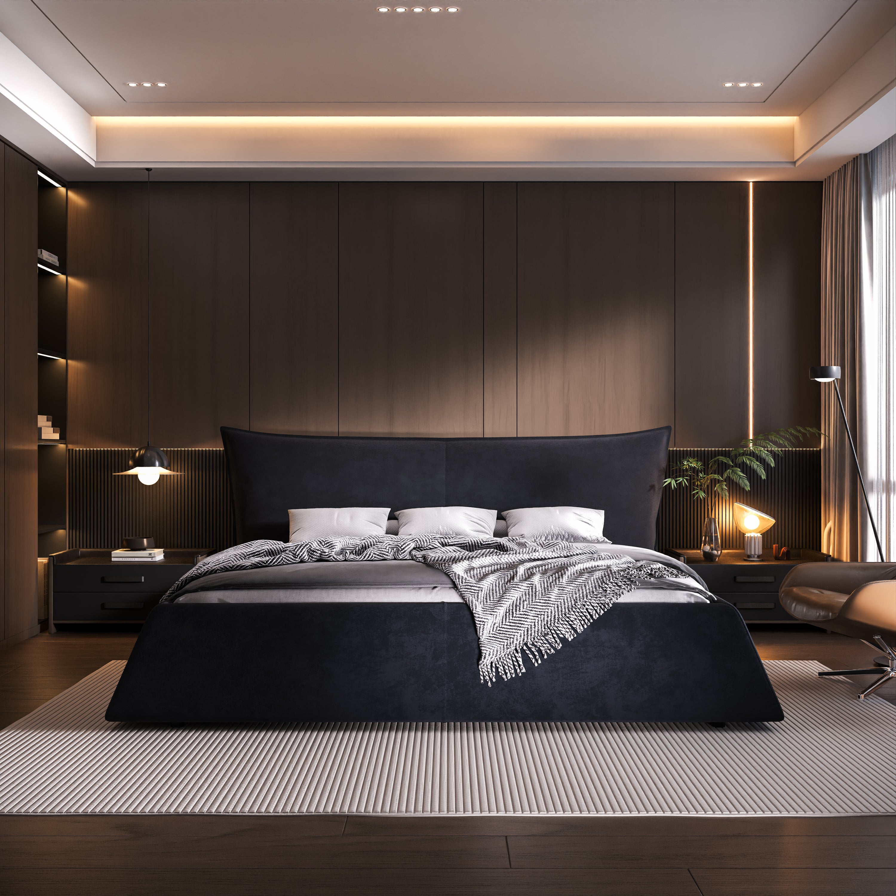 King Size Upholstered Platform Bed with Special Shaped Velvet  Headboard, Metal & Solid Wood Frame,Black
