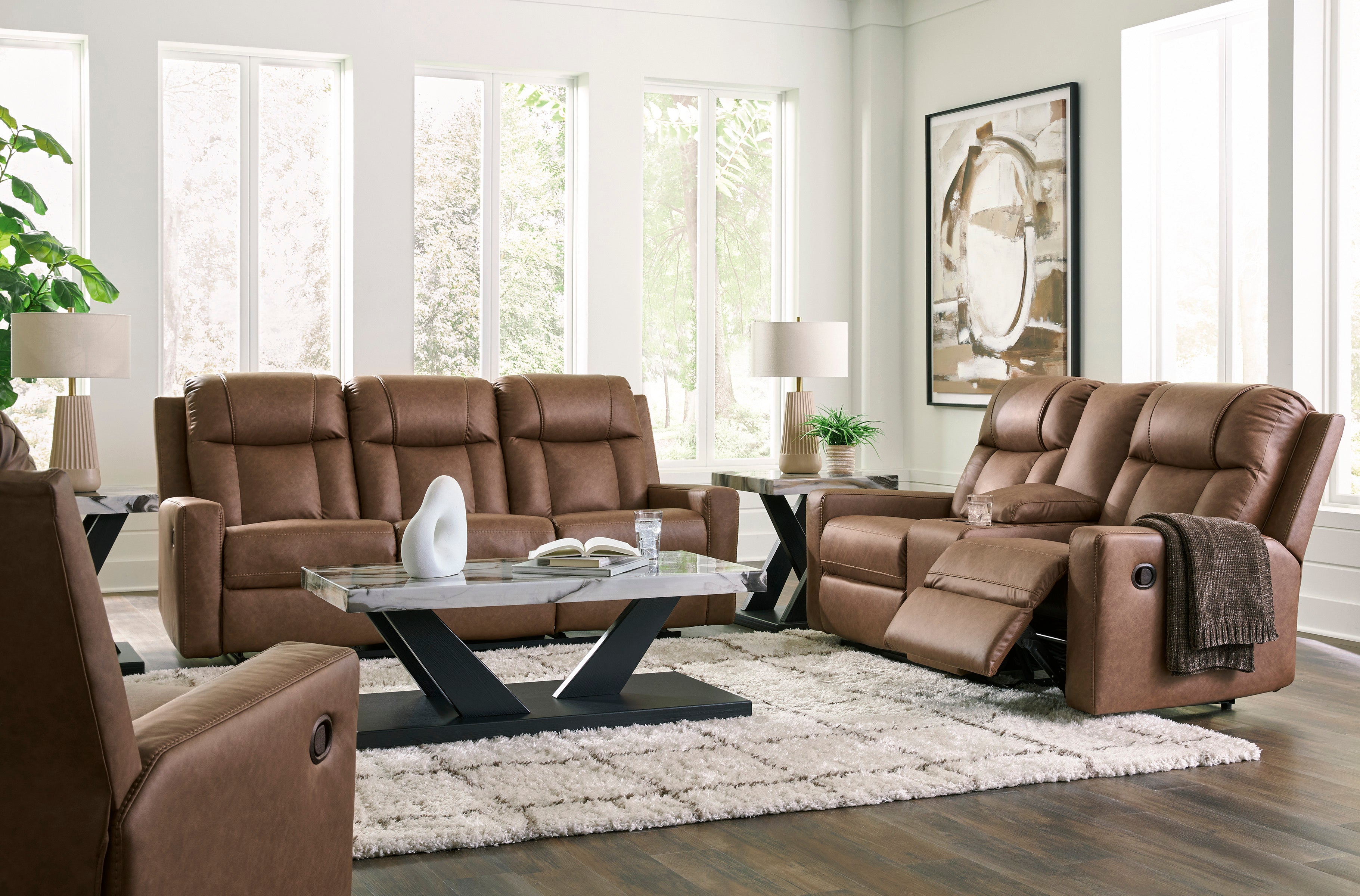 Ashley Mackmenville Caramel Faux Leather Reclining Set with Console Loveseat