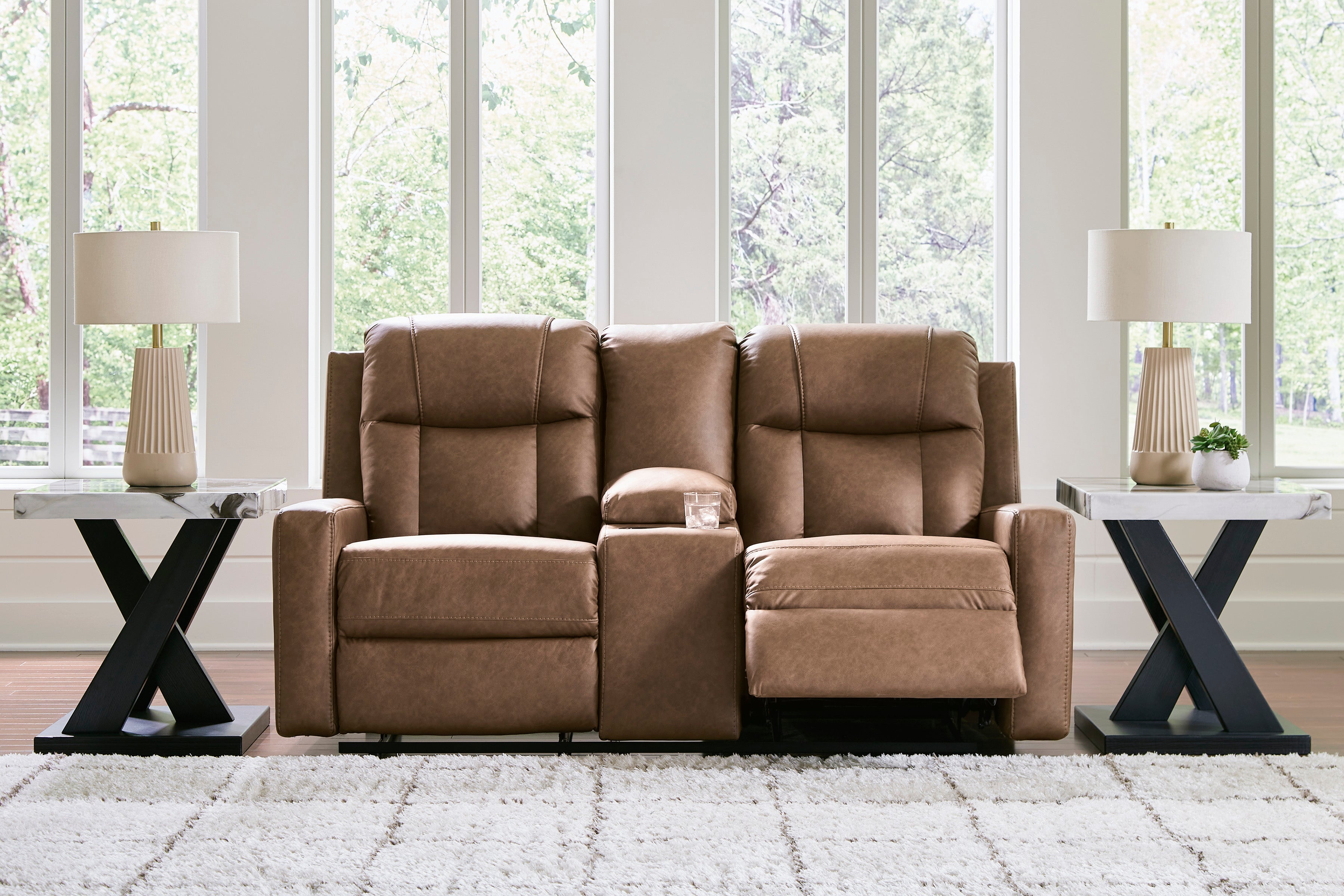 Ashley Mackmenville Caramel Faux Leather Reclining Set with Console Loveseat, view 3