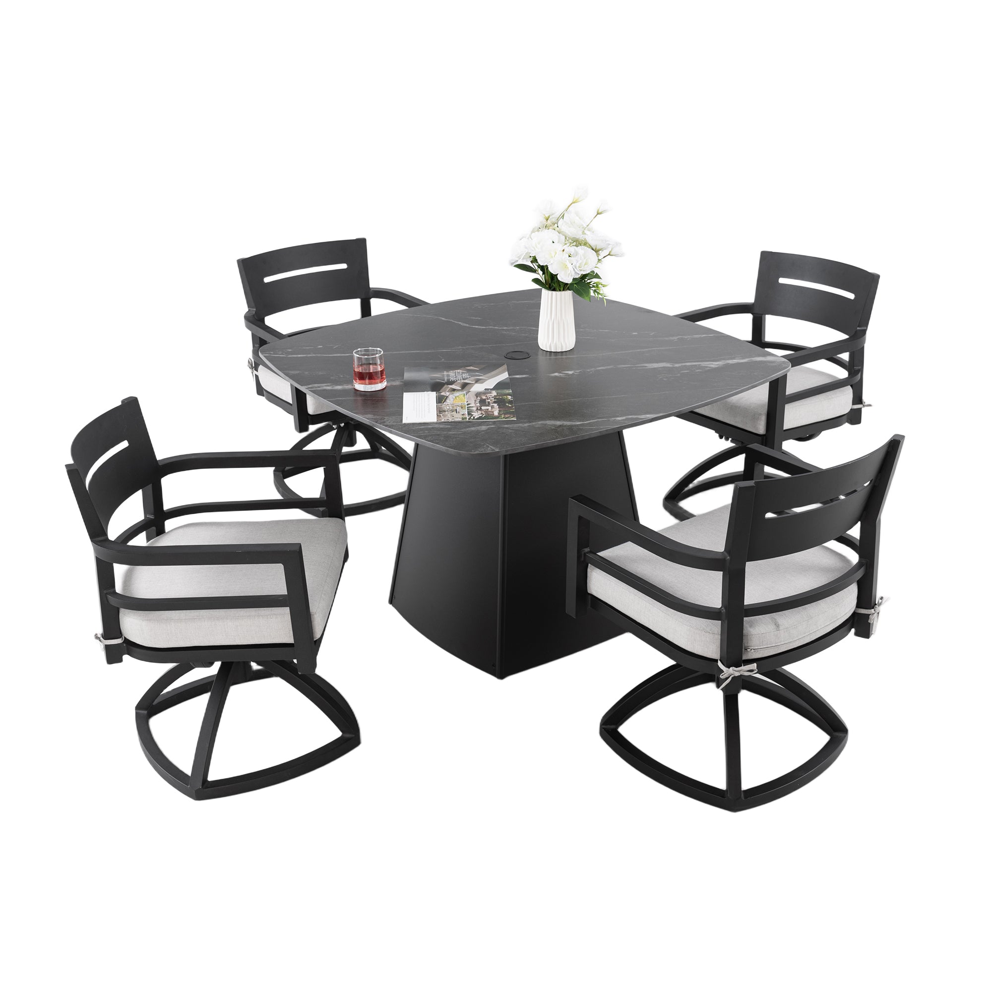 5-Piece Outdoor Pedestal Dining Set, 44' Rounded Square Sintered Stone Table with Flared Base and 4 Swivel Rockers, Sunbrella Cushions, Rust-Free Aluminum, Weather-Resistant, for Patio or Deck