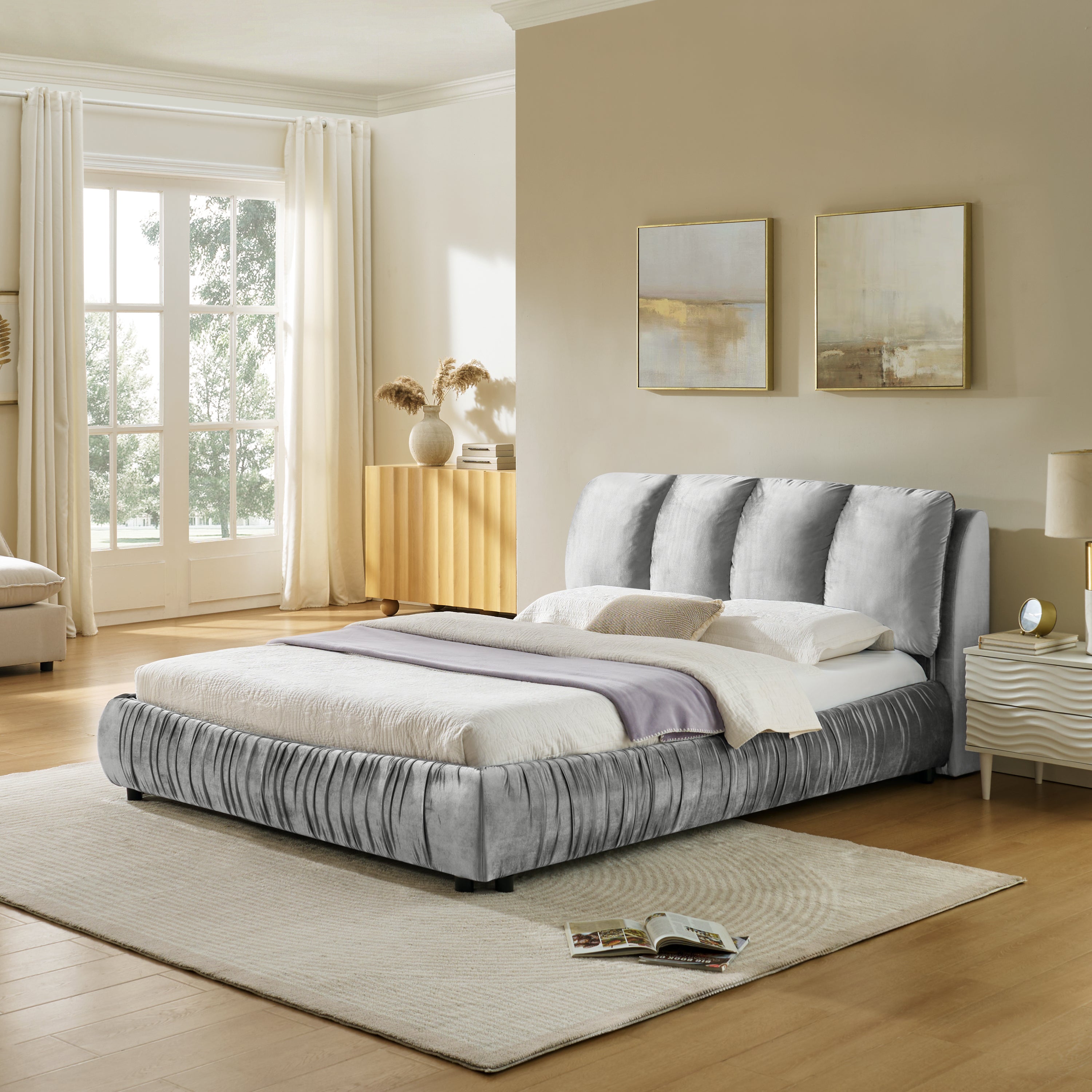 Queen Size Upholstered Bed Frame, Modern Minimalist Style with Segmented Plump Compressed Sponge Headboard, Shiny velvet & Sturdy Leg Support, Mattress Not Included-Gray