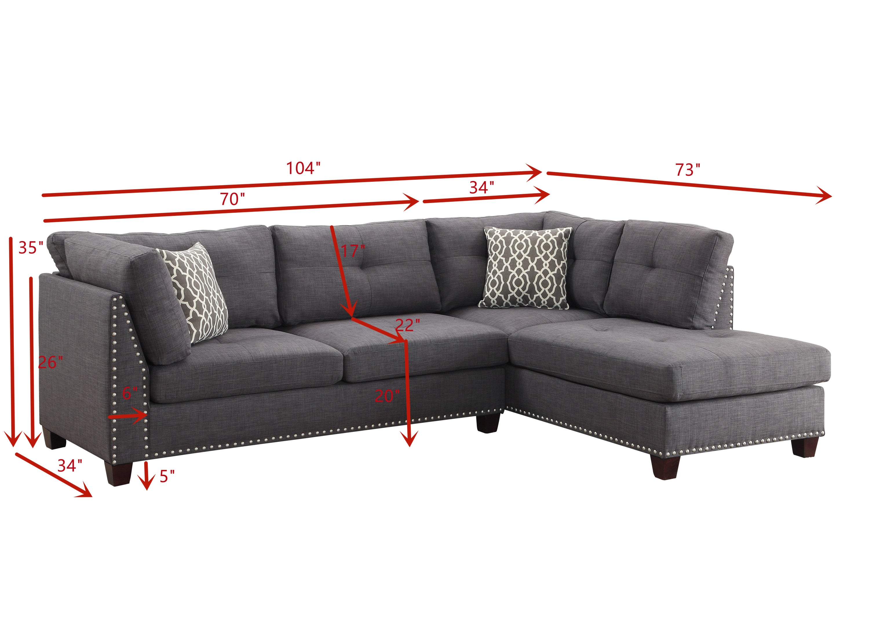 Laurissa Sectional Sofa & Ottoman (2 Pillows), Light Charcoal Linen