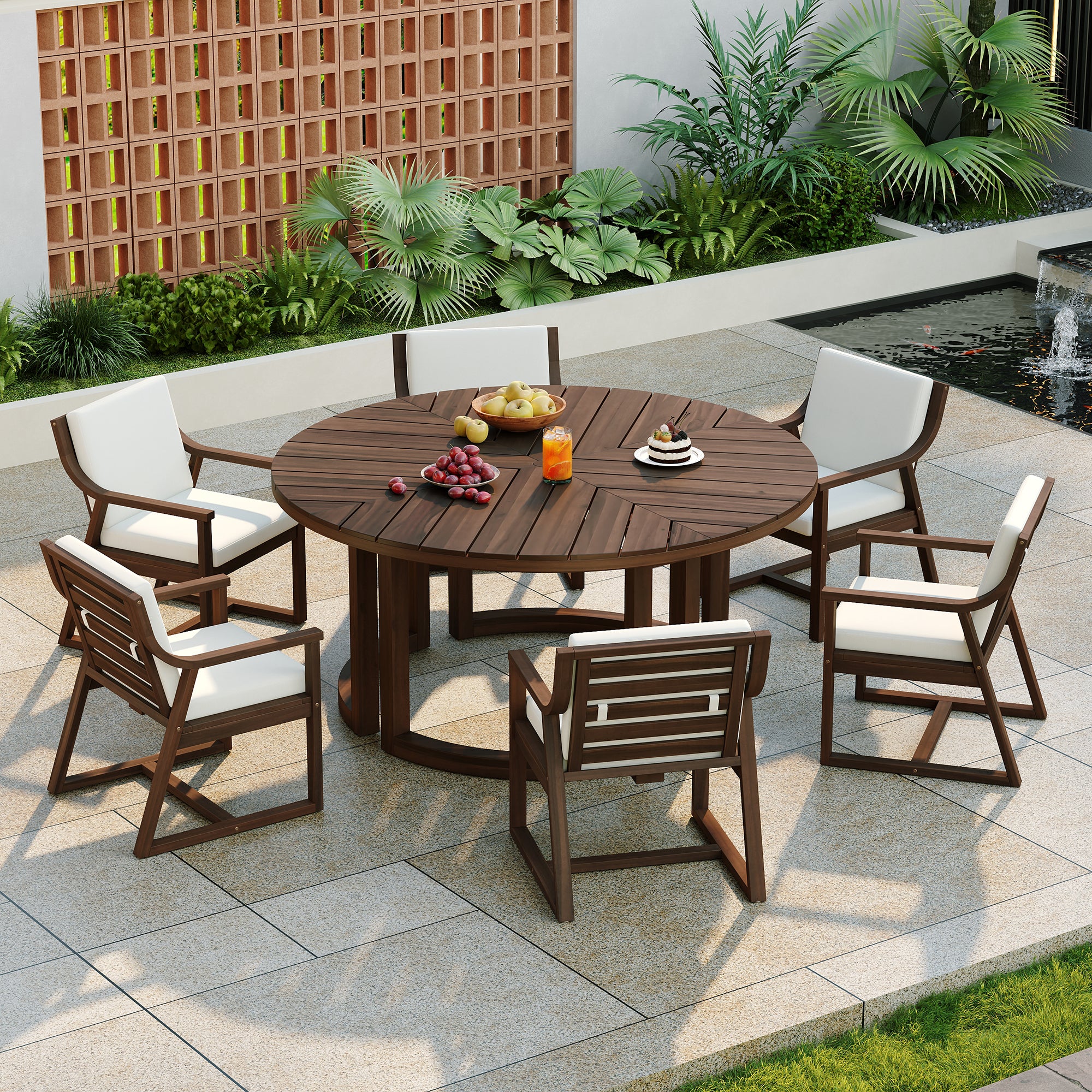 TREXM Patio Dining Table Set for 6, Round Dining Table with 1.96' Umbrella Hole, Outdoor Wooden Patio Furniture Set with Removable Cushions for Garden, Backyard and Pools (Mocha+Beige Cushion)