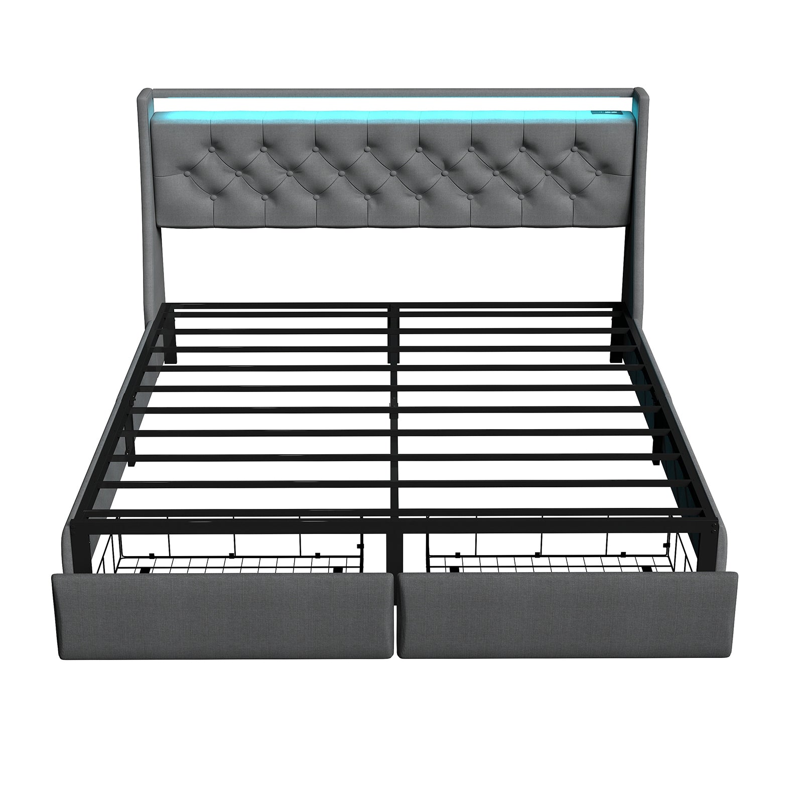 Modern Grey Floating Queen Bed Frame with RGB LED Lights, 2 Storage Drawers, Headboard Shelf & Charging Ports, Metal Silent Construction, No Box Spring Needed