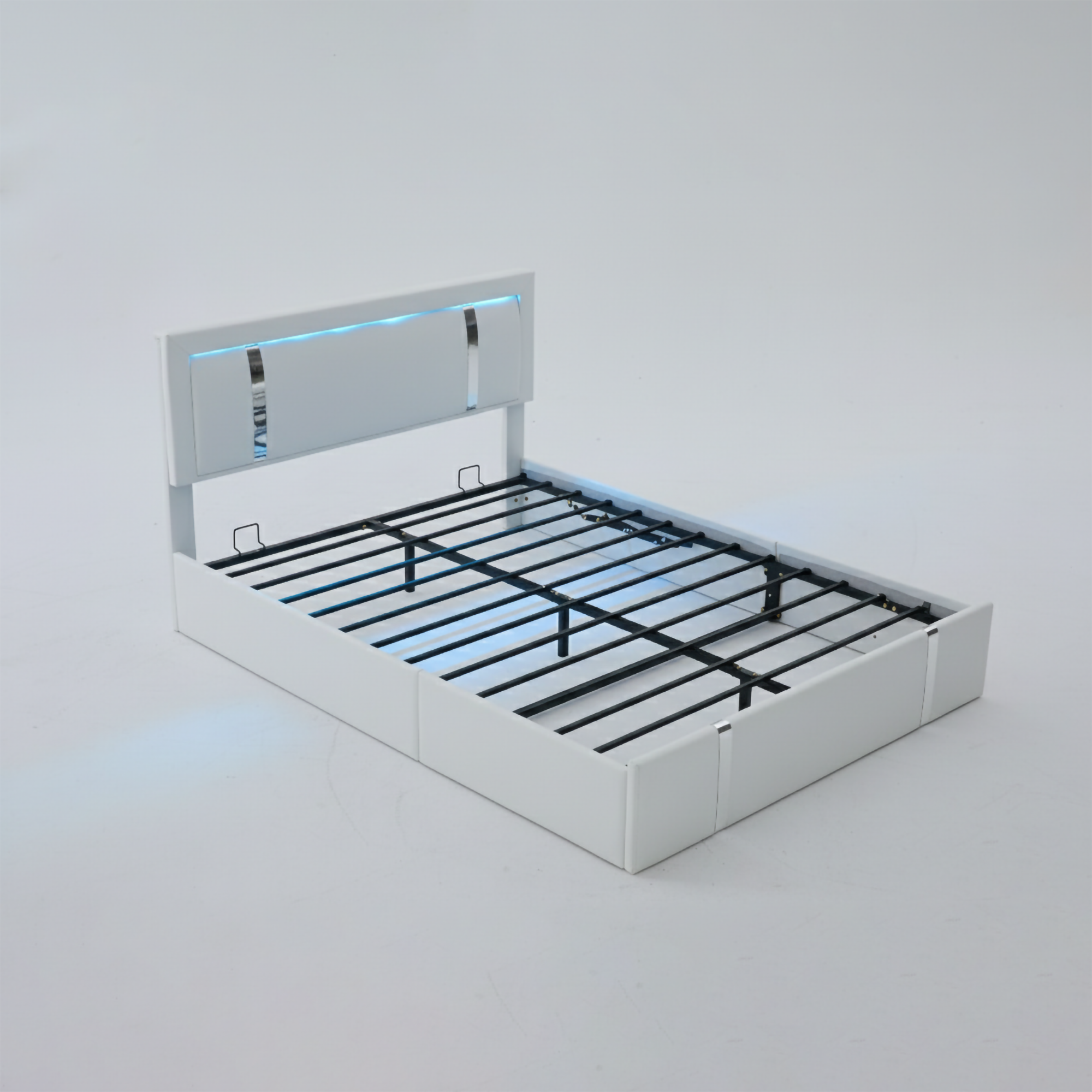 Modern Queen Size Lift Up Storage Bed Frame with Adjustable LED Headboard, USB-C Charging, Faux Leather Upholstery, Metal Slats, White