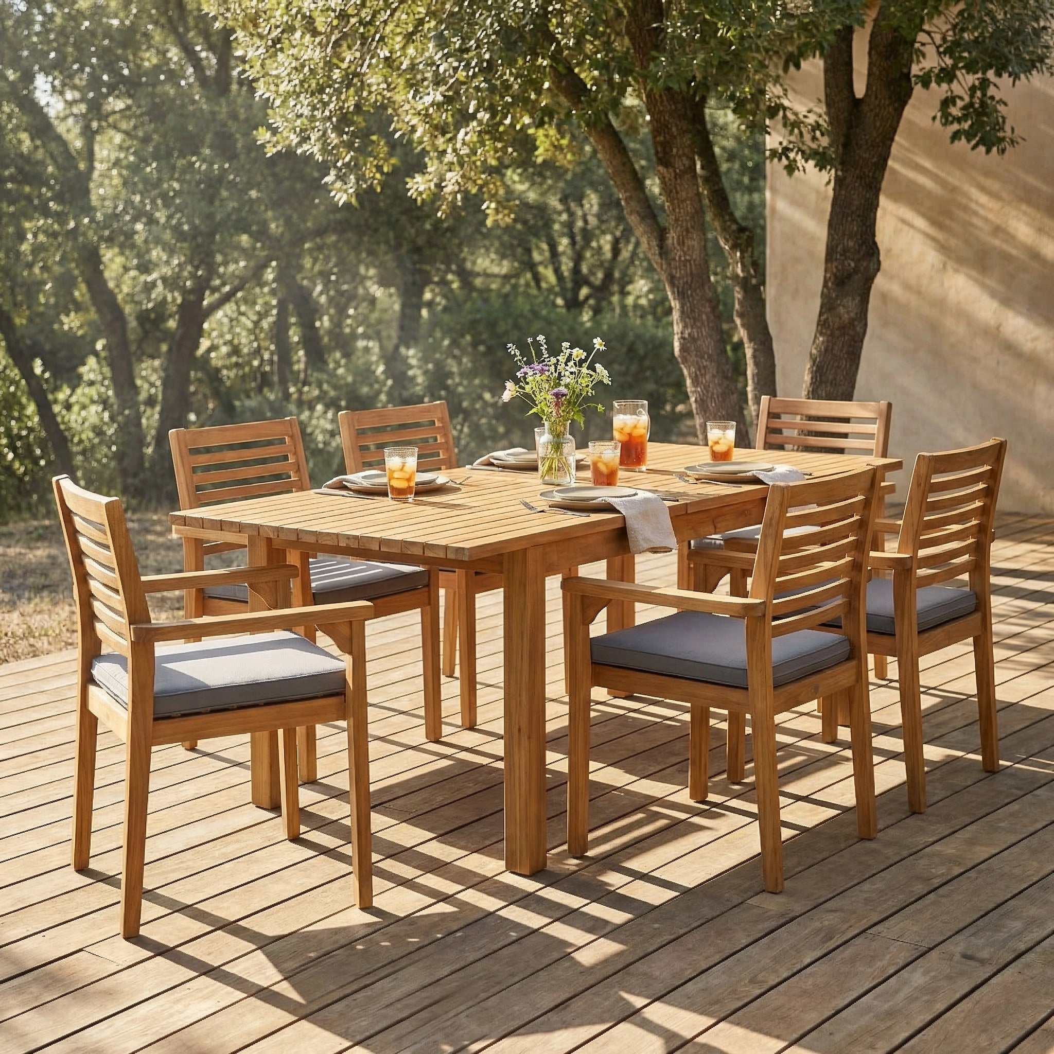 7 Pieces Acacia Wood Outdoor Dining Set s,Modern 6 Chairs  1 Large Table,Dining Furniture Set for Lawn, Backyard, Garden Deck,Poolside,Teak
