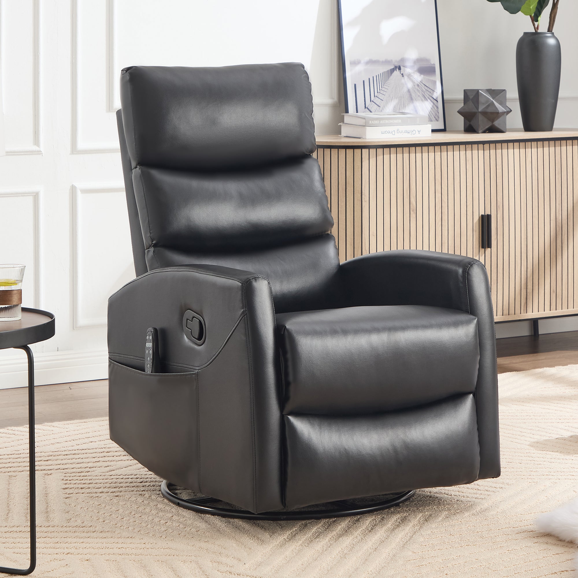 Heat Massage Manual Recliner Chair with Rocker and Swivel in Fabric for Living Room, Black