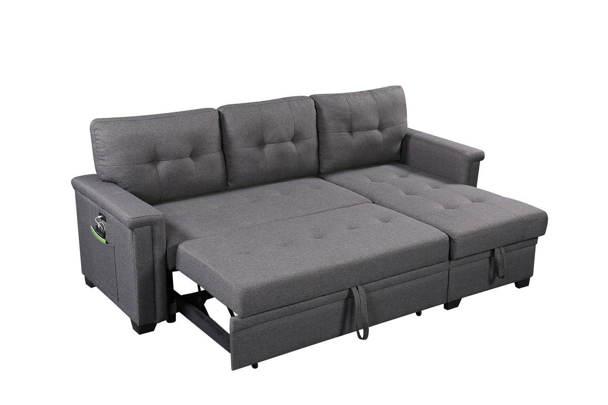 Ashlyn 84' Dark Gray Reversible Sleeper Sectional Sofa with Storage Chaise, USB Charging Ports and Pocket