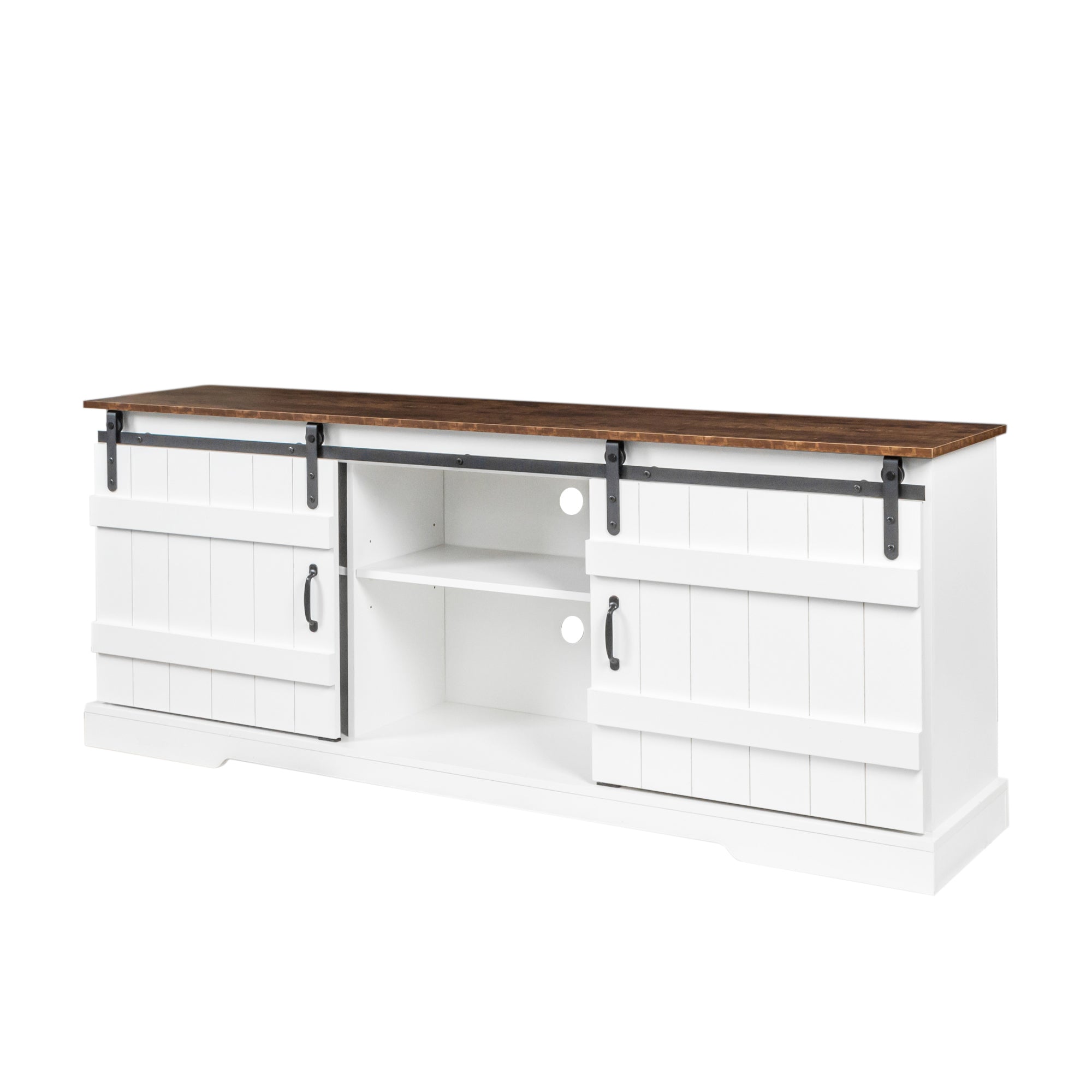 Farmhouse Sliding white Barn Door TV Stand for 80 inch TV Stands,Open Storage Cabinet for Living Room Bedroom