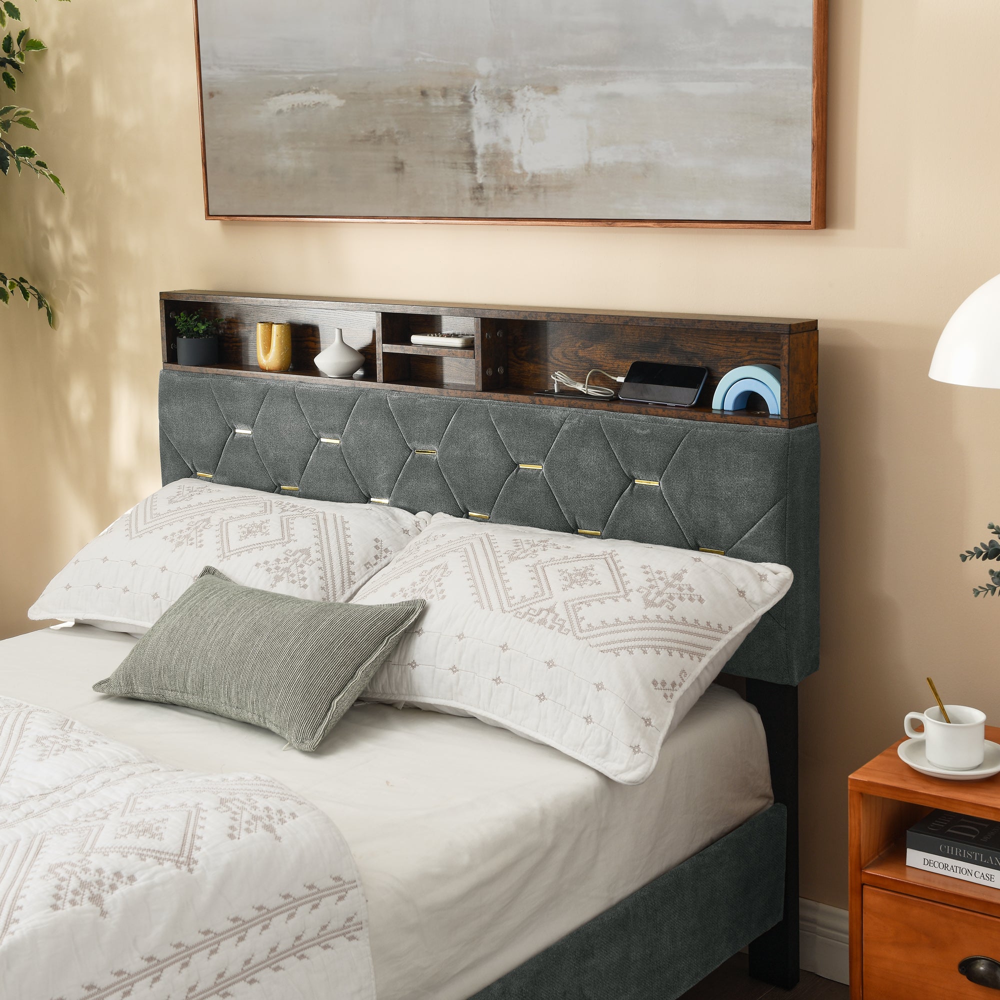 Full Size Bed Frame, Shelf Upholstered Headboard, Platform Bed with Outlet & USB Ports, Wood Legs, No Box Spring Needed, Easy Assembly, Grey