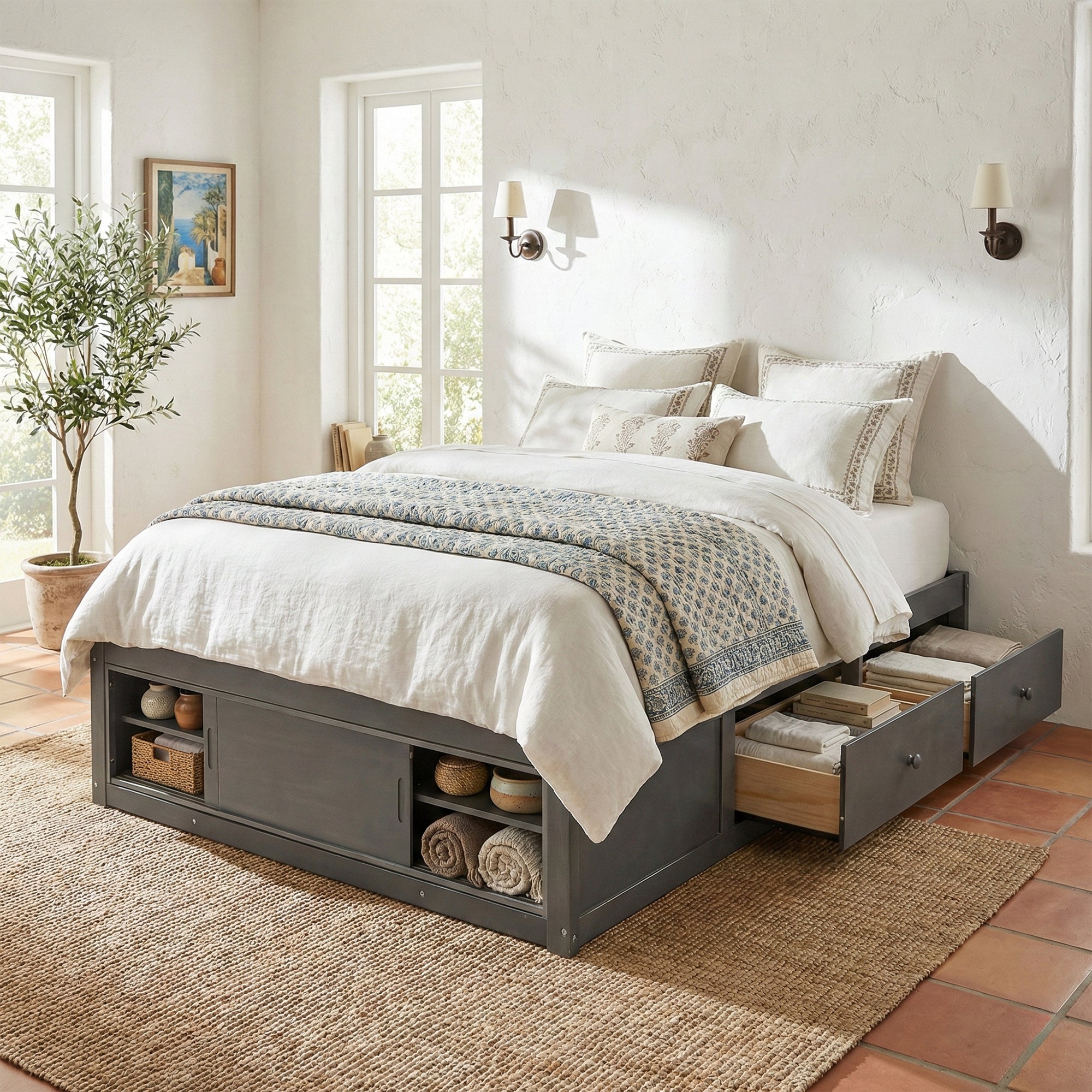 Queen Size Platform Bed Frame with 4 Storage Drawers and Footboard Storage Cubby, No Headboard, Modern Space-Saving Design-Antique Gray