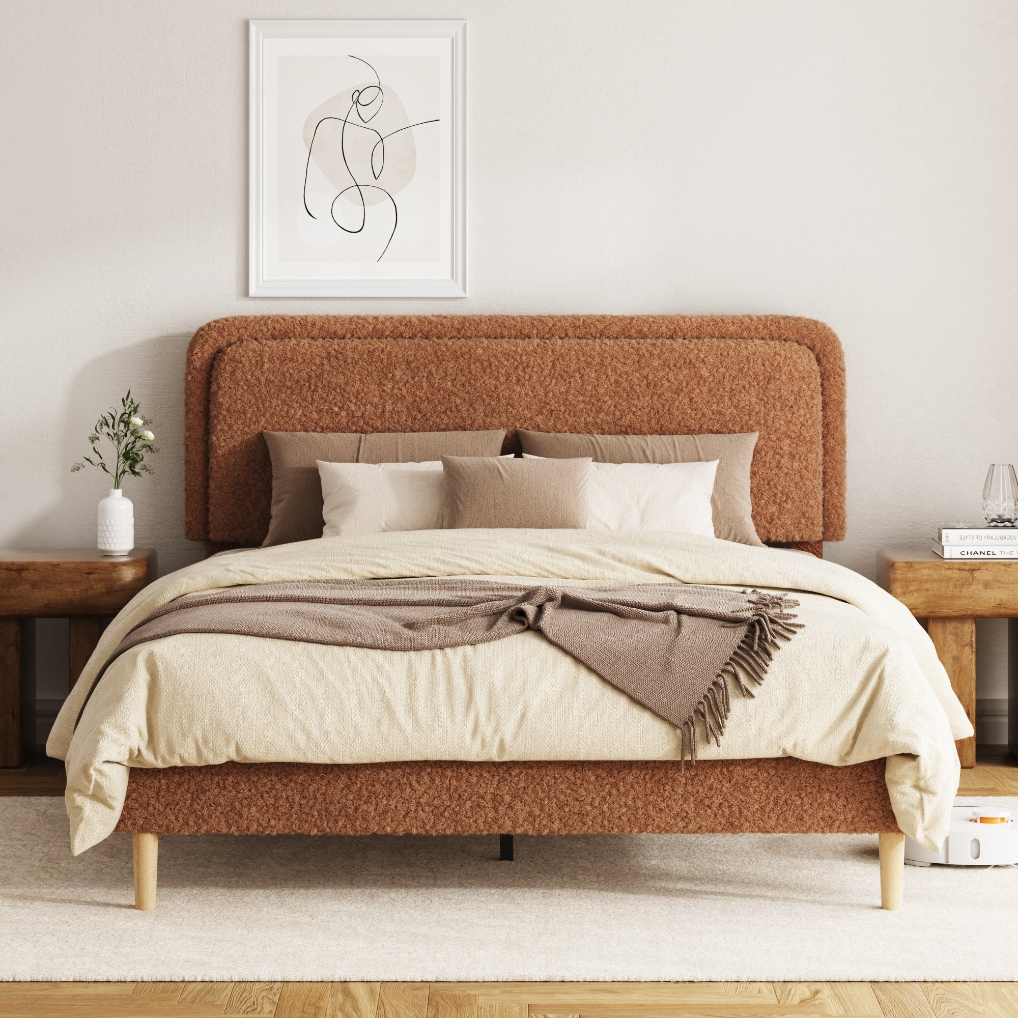 Queen Bed frame, Plush Upholstered Platform Bed with Height-Adjustable Headboard, Sturdy Frame and Alats, Quiet Design, No-Spring Mattress Compatible, Easy to Assemble, Brown