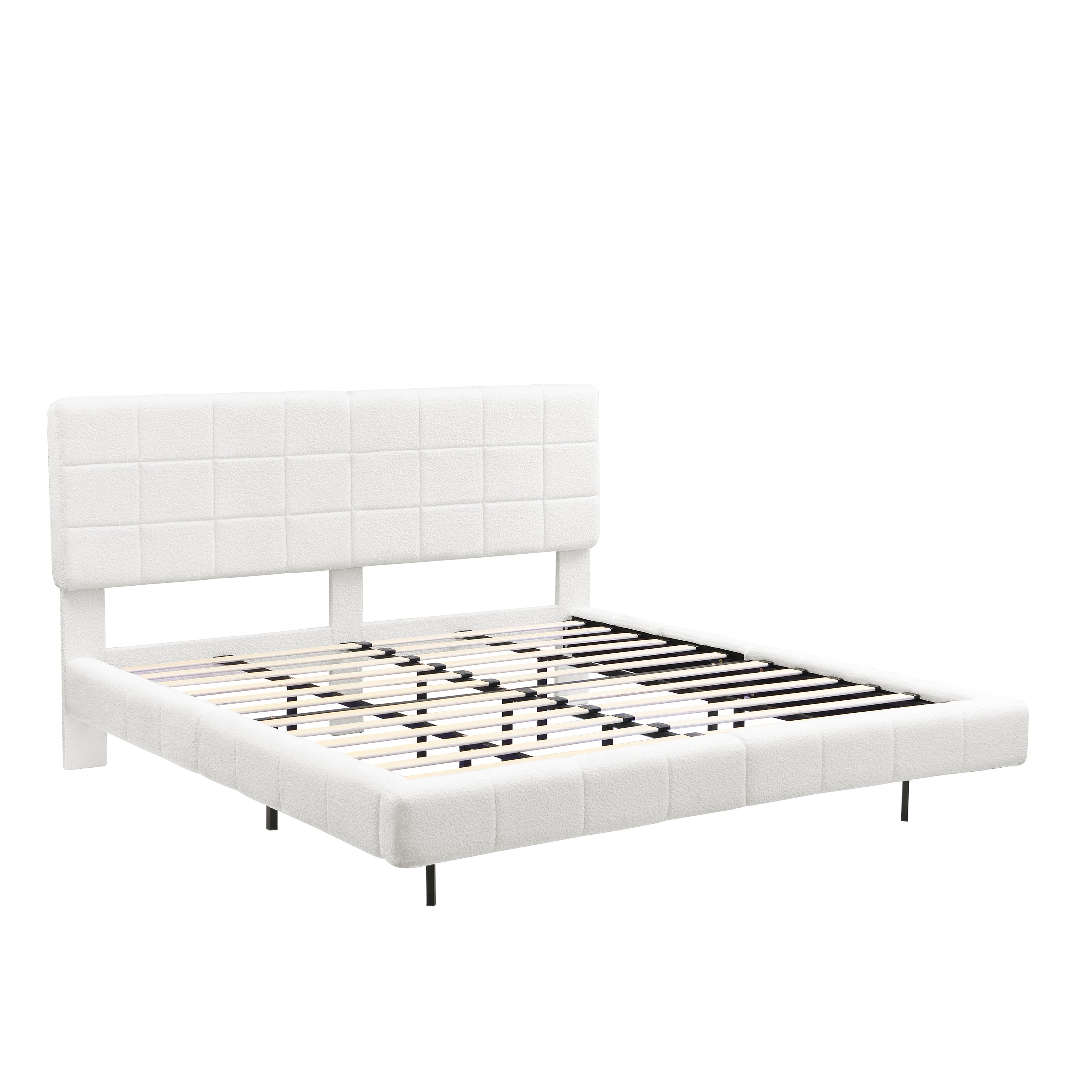 White Boucle Floating Bed with Light, King Size, Wood and Fabric Construction, Soft Touch Surface, Modern Design