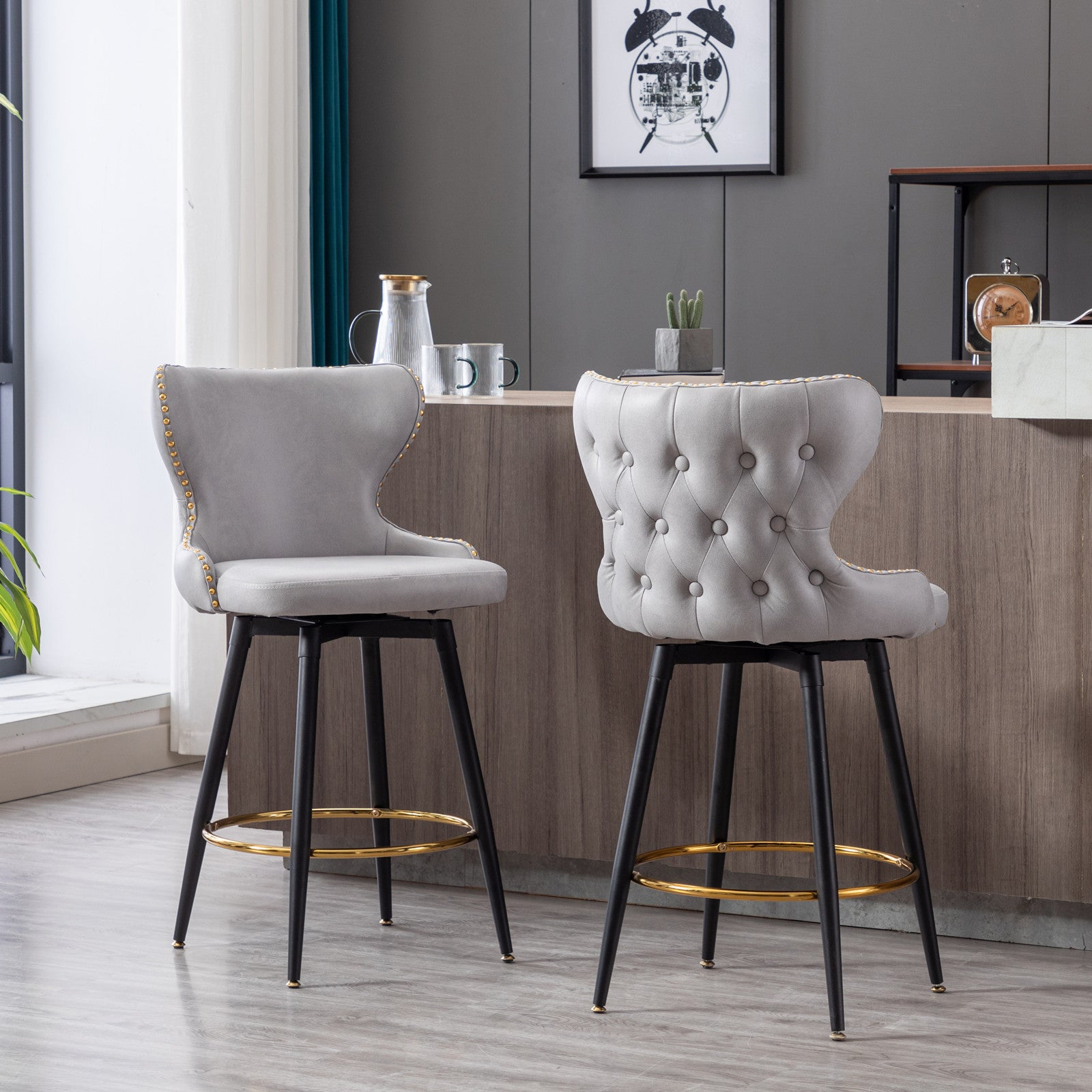 A&A Furniture,Counter Height 25" Modern Leathaire Fabric bar chairs,180° Swivel Bar Stool Chair for Kitchen,Tufted Gold Nailhead Trim Bar Stools with Metal Legs,Set of 2 (Light Gray)