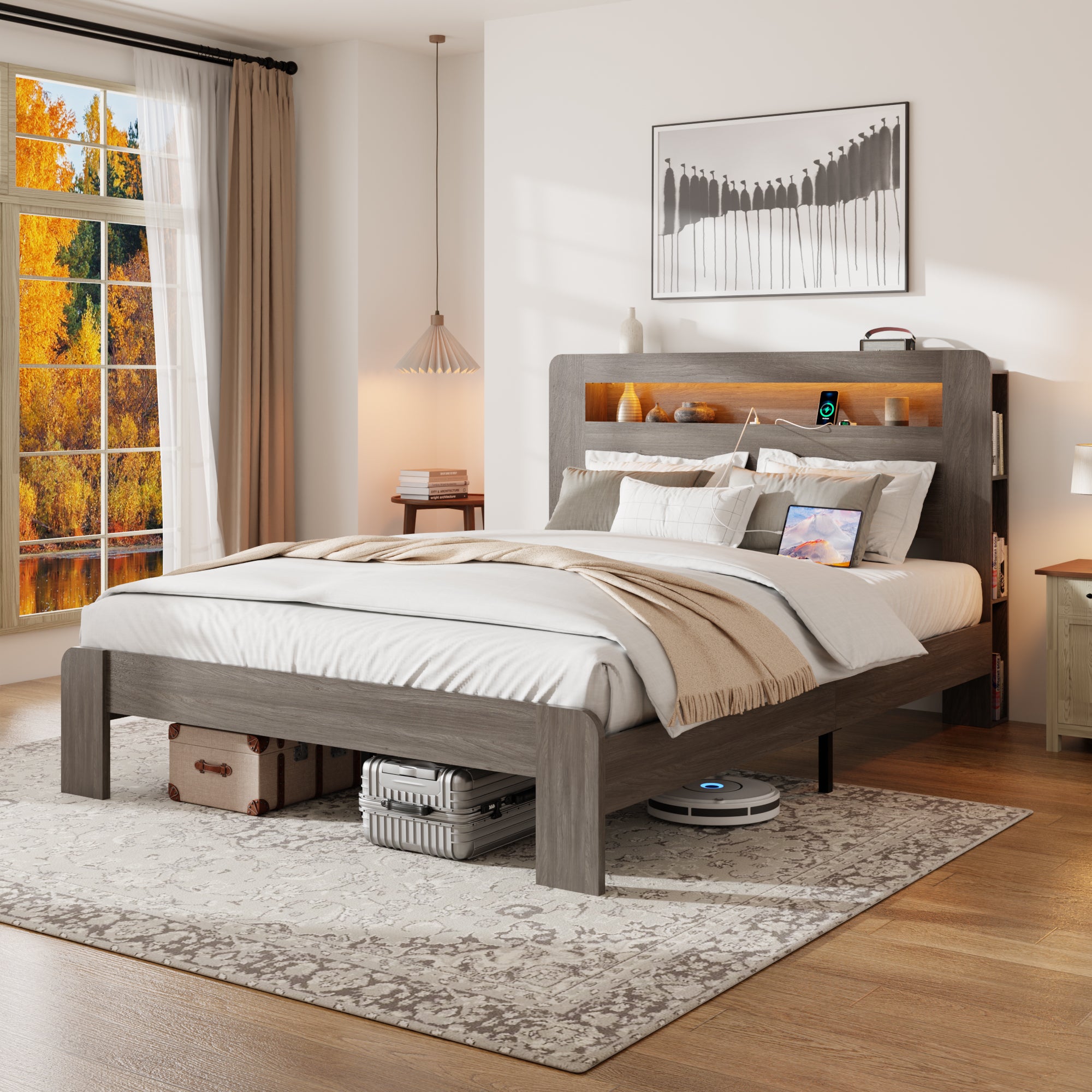 Bed Frame Full Size, Wood Platform Bed Frame with Storage LED Light Headboard and 2 USB , Noise Free,No Box Spring Needed and Easy Assembly Tool,Large Under Bed Storage,Dark Grey