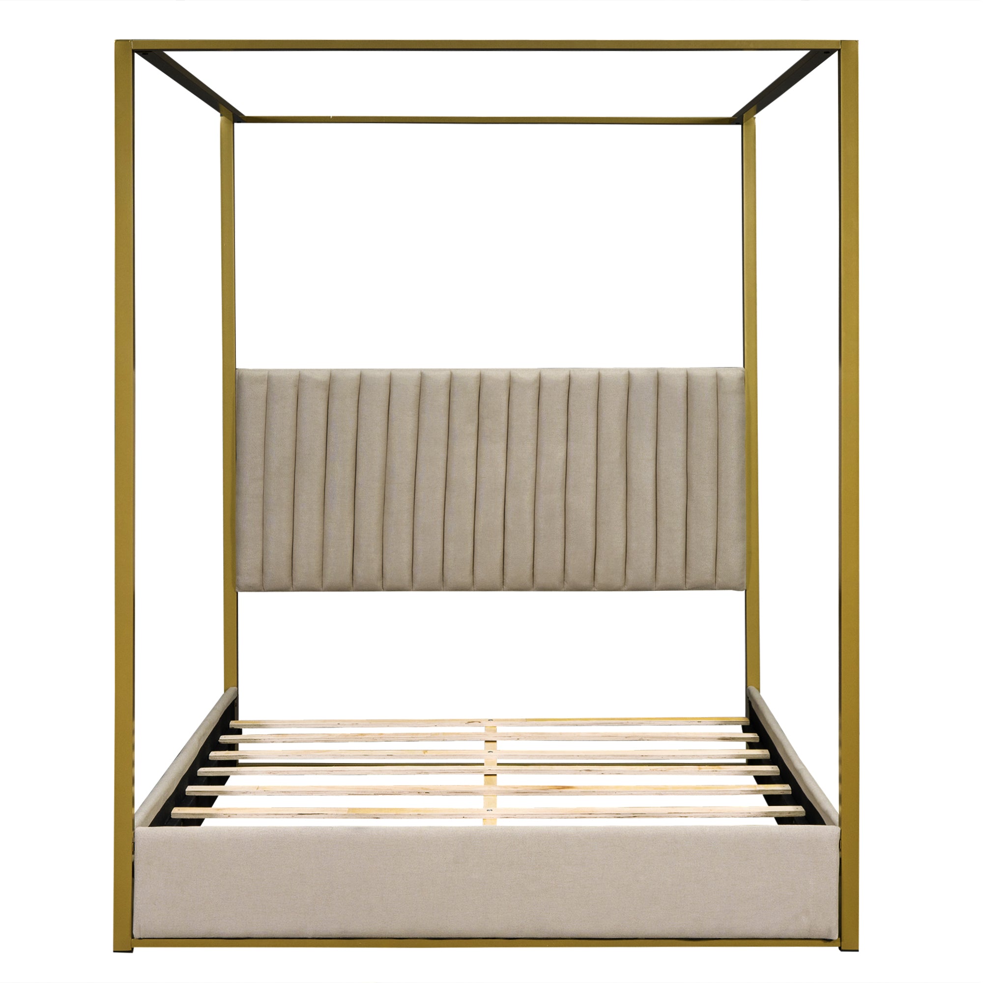 Queen Size Upholstery Canopy Platform Bed with Headboard and Metal Frame, Beige