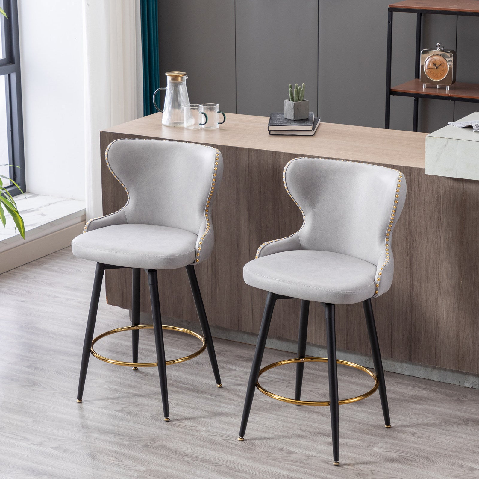 A&A Furniture,Counter Height 25" Modern Leathaire Fabric bar chairs,180° Swivel Bar Stool Chair for Kitchen,Tufted Gold Nailhead Trim Bar Stools with Metal Legs,Set of 2 (Light Gray)