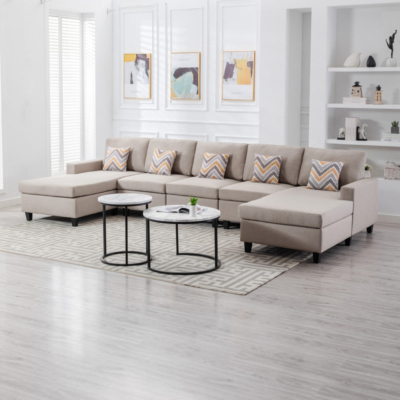 Nolan Beige Linen Fabric 5Pc Double Chaise Sectional Sofa with Pillows and Interchangeable Legs